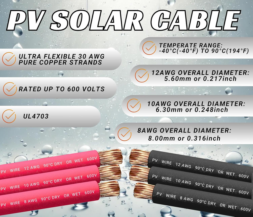 WindyNation 10 Gauge 10 AWG Pair 100 Feet Black +100 Feet Red PV Photovoltaic Solar Panel Extension Cable Wire Solar Connectors