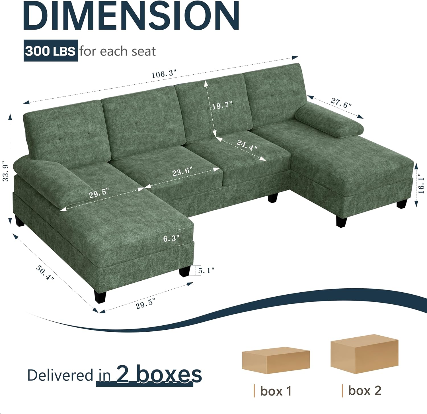Sectional Couches for Living Room, 106 in U Shaped Couch Soft Sectional Sofa with Double Chaise, Comfortable Fabric 4 Seat Sofa Couch for Apartment (Green)