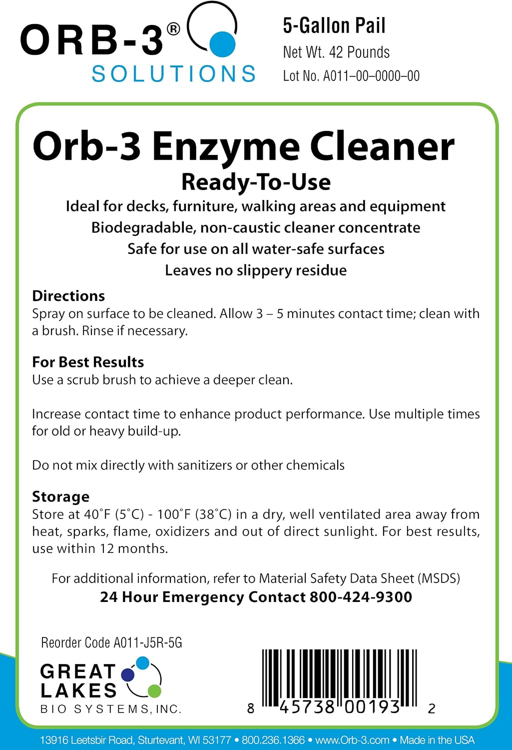 Orb-3 A011-J5R-5G Enzyme Ready to Use Cleaner for Pools, 5-Gallon Pail