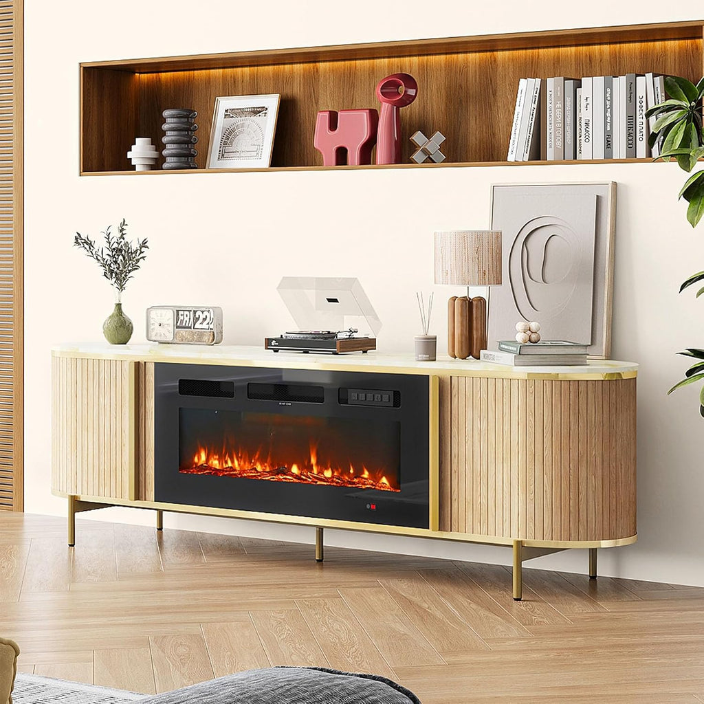 Luxury 70' Fluted TV Stand with Fireplace, Modern Chic Entertainment Center for TVs Up to 80', TV Console for Living Room, Media Cabinet with Storage,70 Inch, Natural