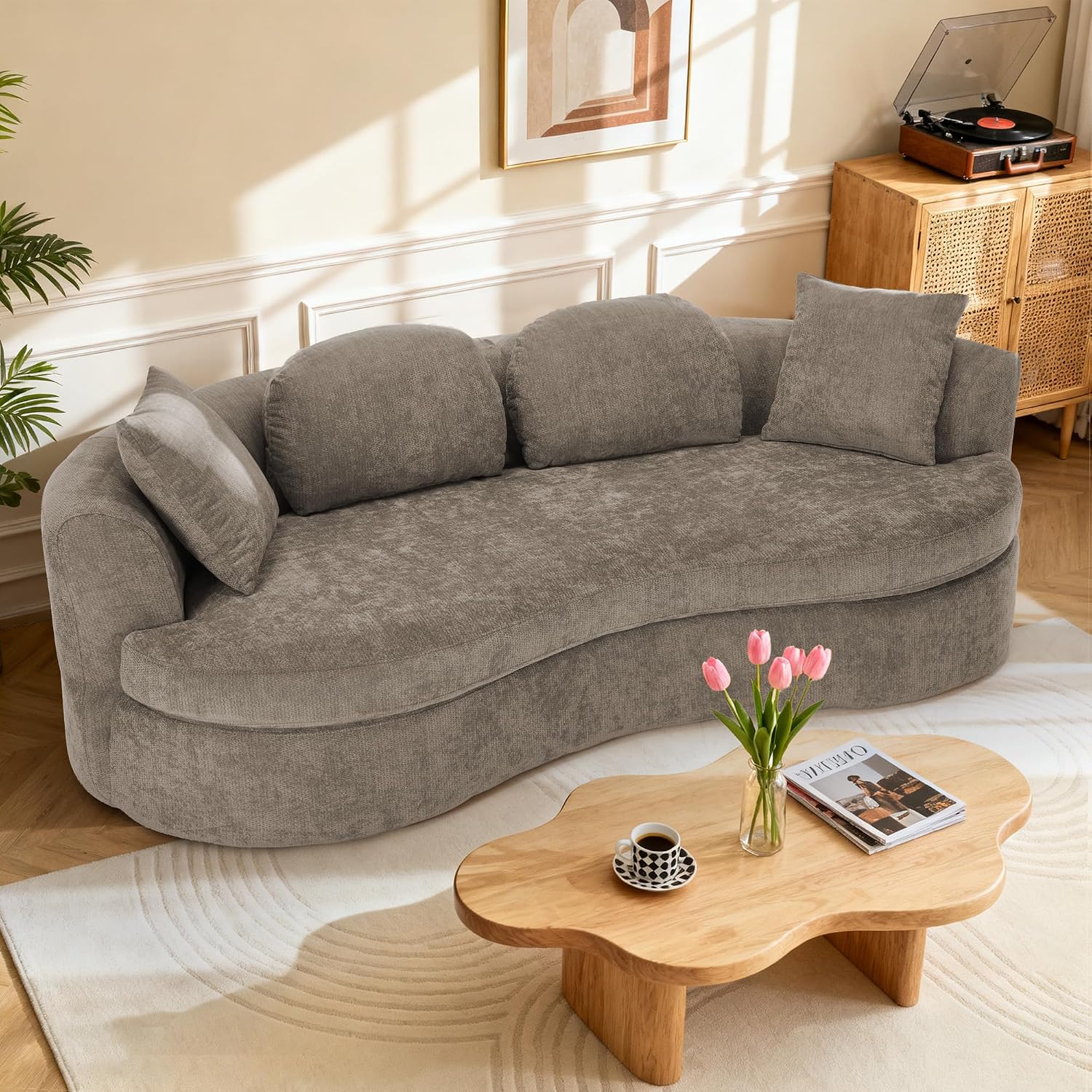 95' Modern Curved Sofa, Chenille Fabric Comfy Cloud Couch, No Assembly Required Half Moon Couch with Deep Seat, 4 Pillows for Living Room, Apartment, Bedroom