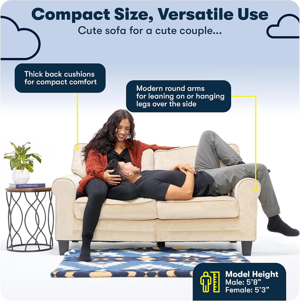 Serta Copenhagen 61' Rolled Arm Sofa, Easy Care Polyester, Soft Pillow Back, Pocket Coil Seat Cushions, Removable Covers, Loveseat or Couch for Small Spaces, Living Rooms or Bedrooms, Cream White