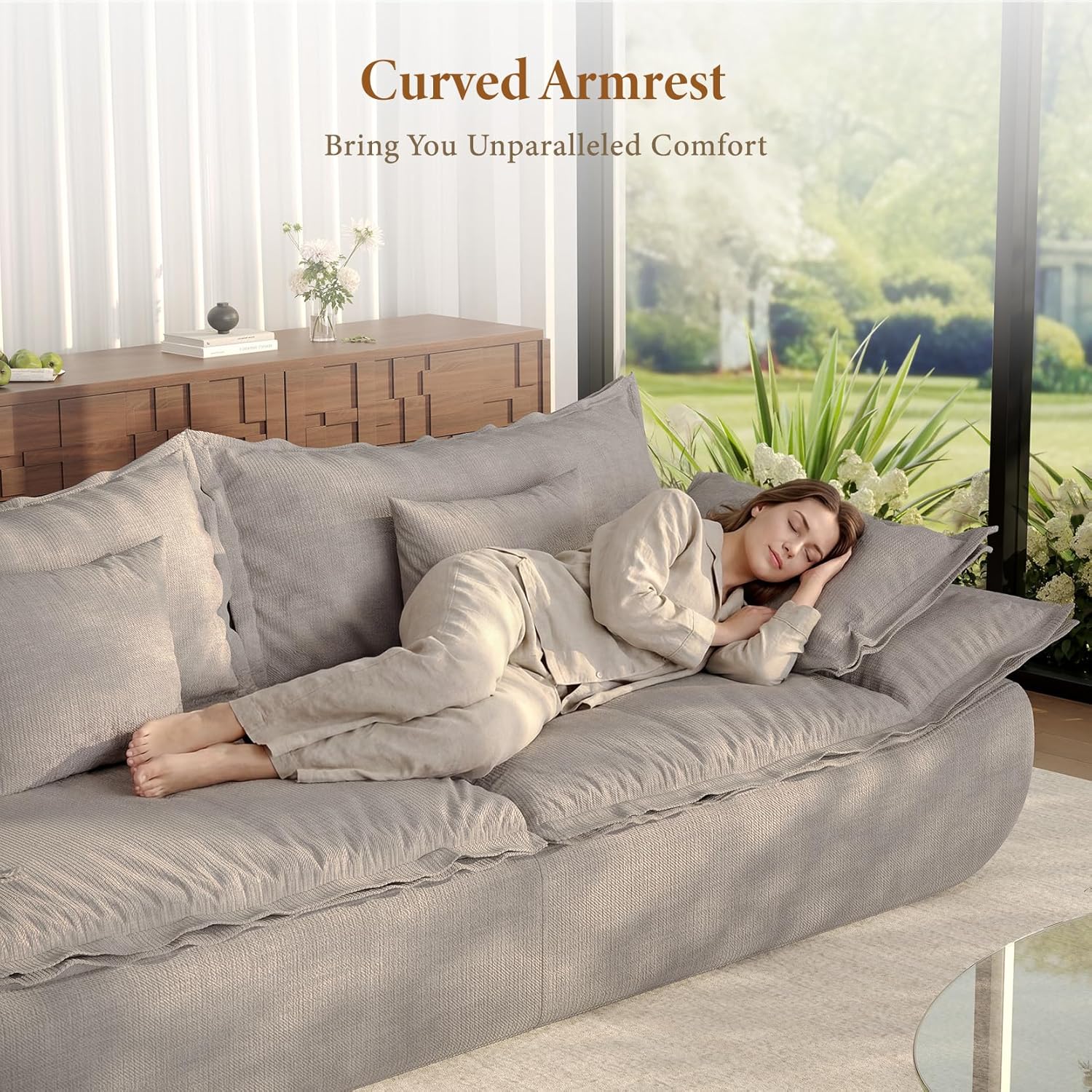 Vesgantti 86.6' Cloud Couch for Living Room, Modern 3 Seater Sailboat Sofa with Deep Seat, Comfy Chenille Upholstered Boneless Couch with Curved Armrest, No Assembly Required, Light Grey