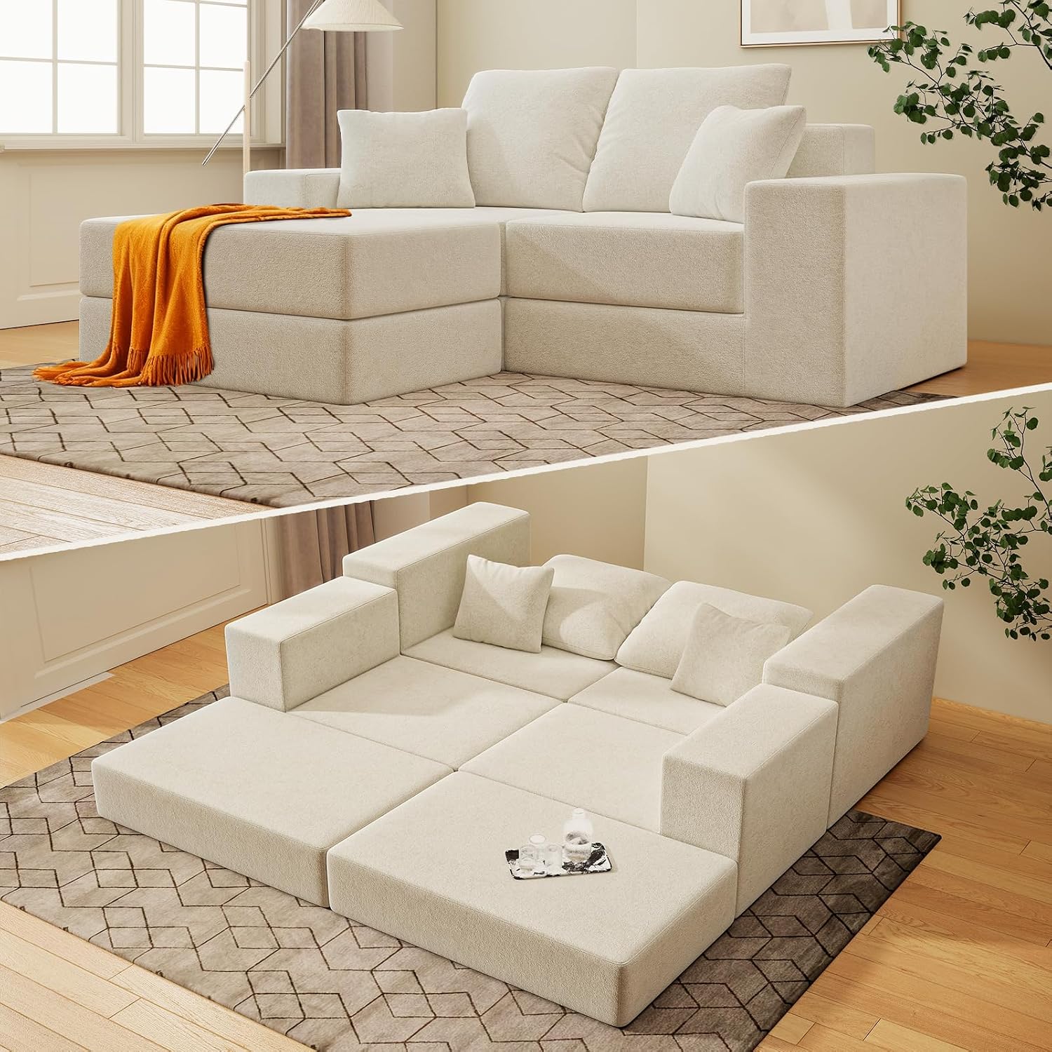 Cloud Modular Sectional Sofa, Comfy Boneless Couch for Living Room, Modern L-Shaped Couch with Reversible Chaise, Customizable Sleeper Sofa with Non Slip, No Assembly & Deep Seat, Beige