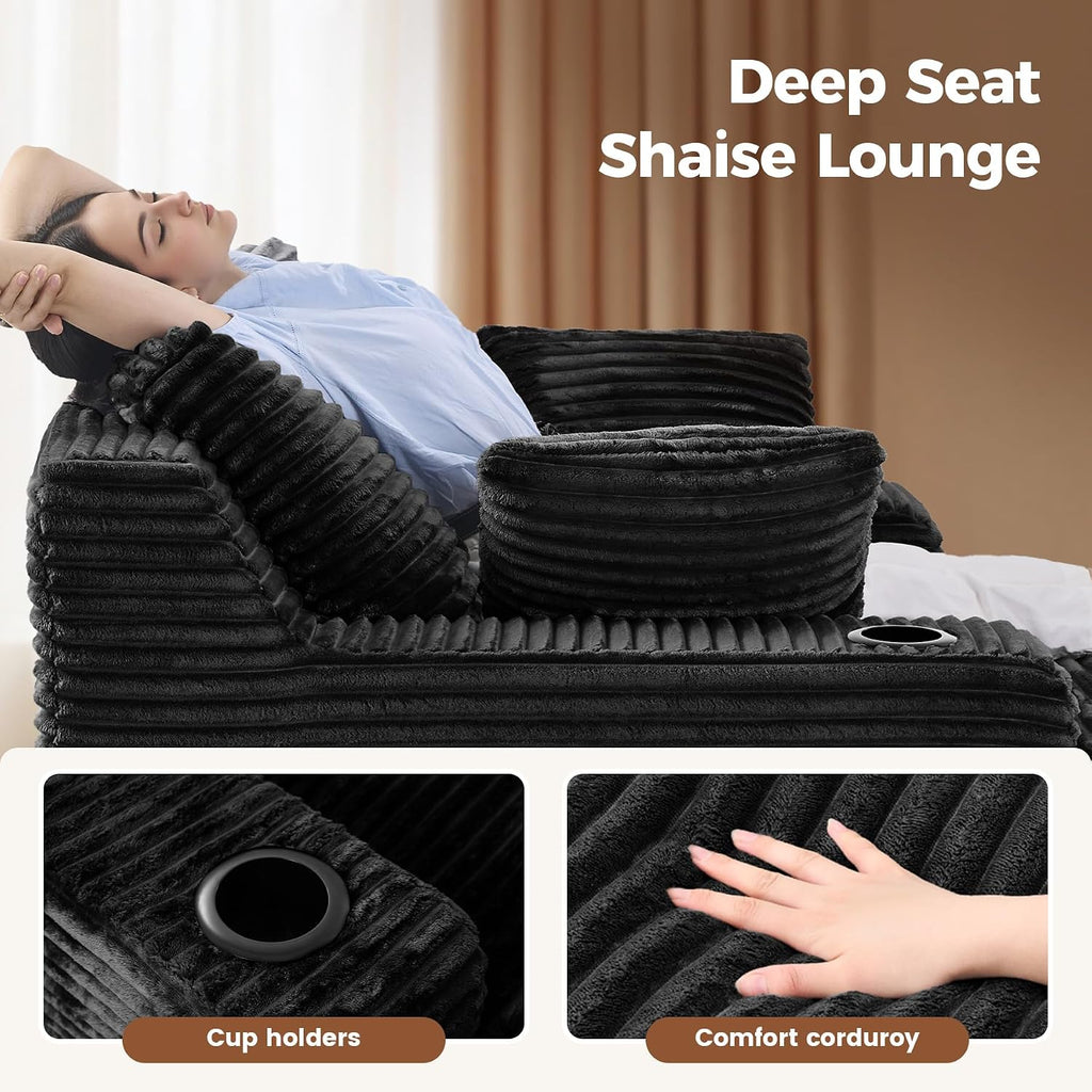 Luxanimarion 80'' Double Chaise Lounge Chair Indoor, Non-Assembly Deep Seat Sofa with Cup Holders Boneless Bed with 4pcs Pillows for Living Room Bedroom, Black- Corduroy