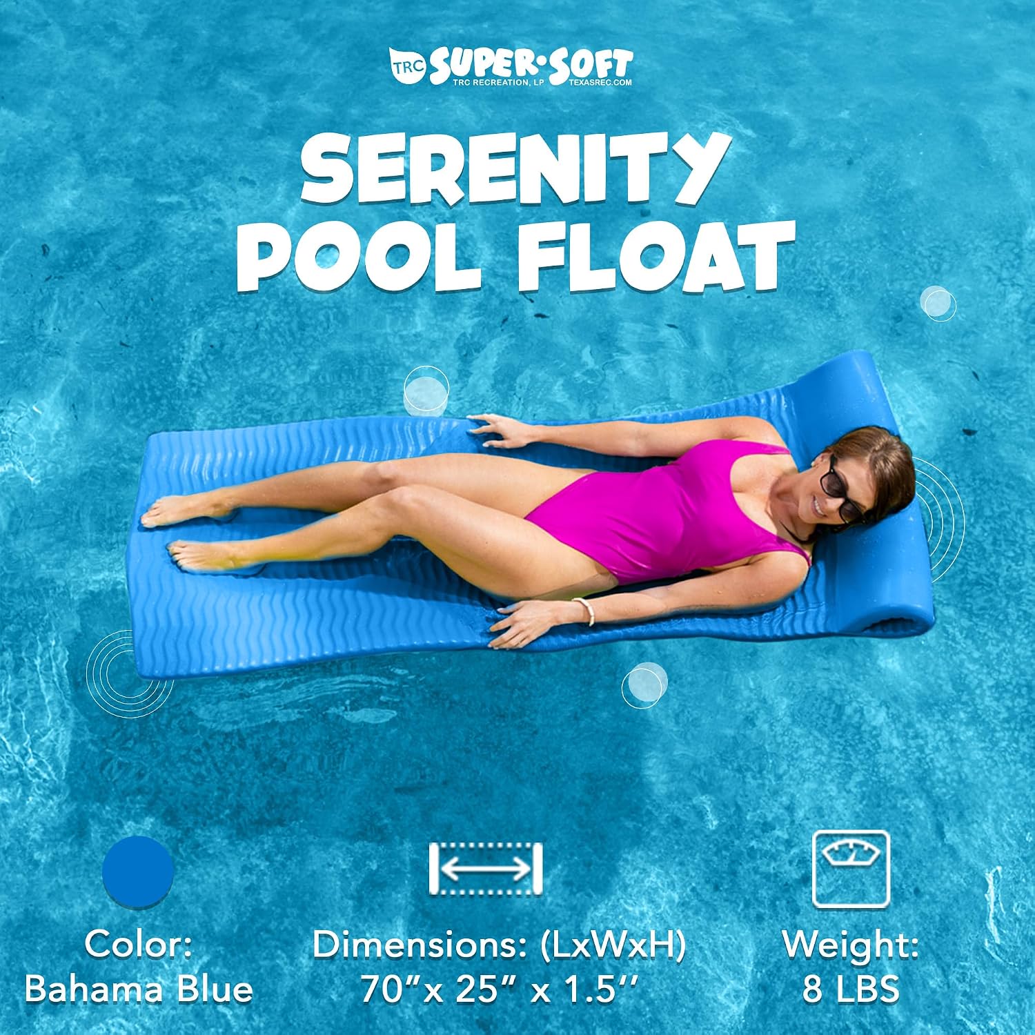 TRC Recreation 2-Pack Serenity 1.5' Thick Foam Pool Float Lounger, Bahama Blue w/Headrest for Lounging & Sunbathing in Swimming Pools, Beaches & Lakes, 70' x 26'