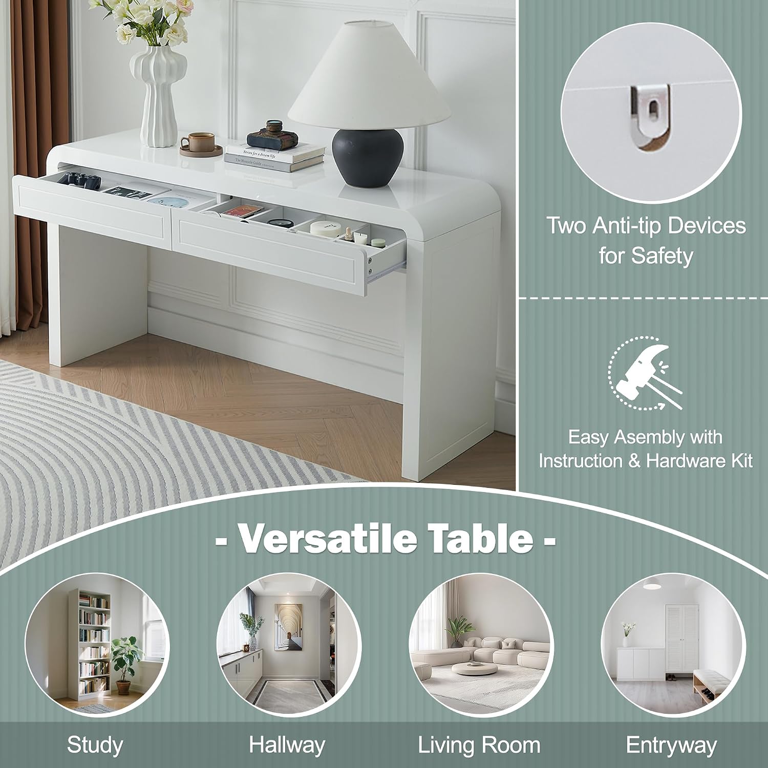 Merax 60' Entryway Console Table with Storage, 2 Drawers with Functional Divider/Retro Curved Design/Behind Couch & Sofa, White