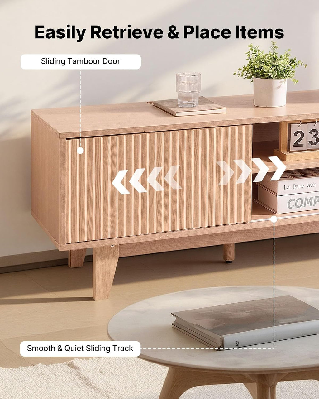 VEVOR 59' Fluted TV Stand, Boho Entertainment Center for 55/60/65 inch TVs, Mid Century Modern Media Console TV Storage Cabinet with Sliding Door and Adjustable Open Shelves, for Living Room, Bedroom