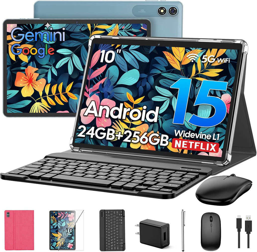 Suicoey 2026 Android 15 Tablet with Keyboard, 24GB RAM + 256GB ROM (2TB Expand), 10 inch Tablet with Gemini AI, Octa-Core, 8000mAh, Widevine L1, 2 in 1 Tablets with Case, Mouse, Stylus(Pink Case)