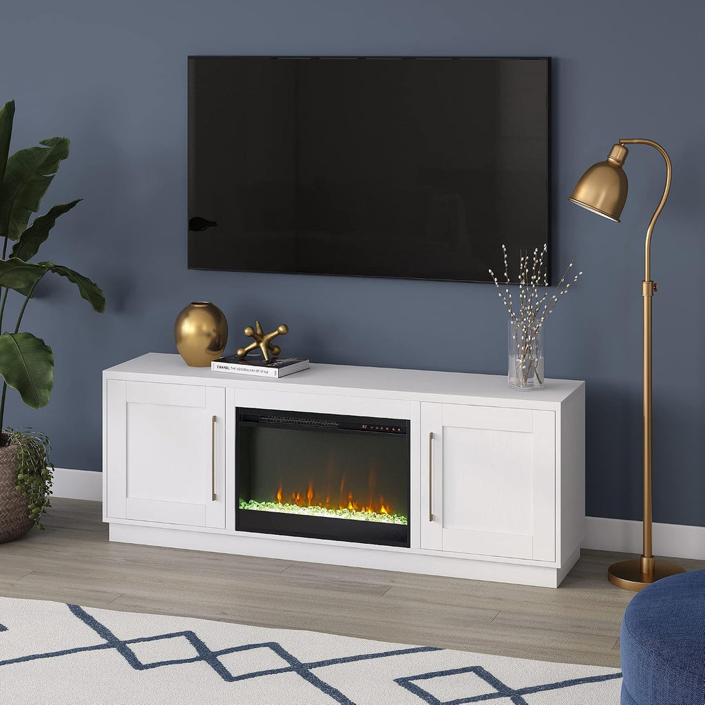 Henn&Hart TV Stand for TVs up to 75' with 26' Electric Crystal Rocks Fireplace for Living Room, Family Room, or Office, Cloud White