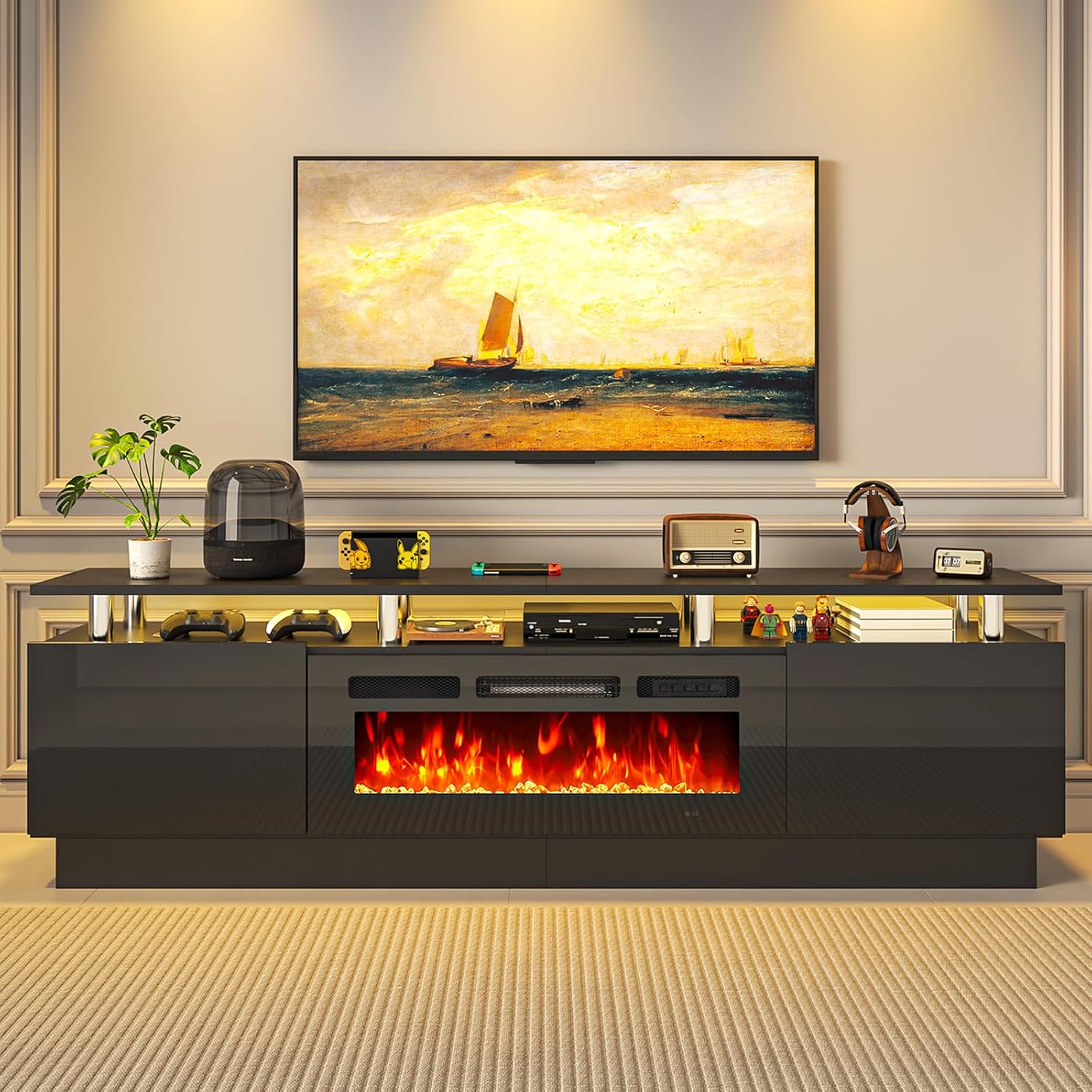 MXV 80' Fireplace TV Stand, Modern Entertainment Center & 36 Inch Electric Fireplace, Remote Control, LED Light, Fire Place Tv Stand for Living Room for TVs up to 90', Black + Black