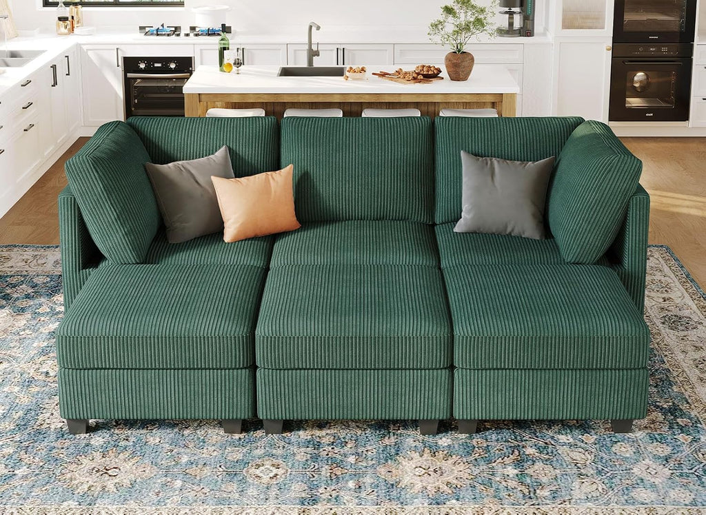 Belffin Modular Sectional Sleeper Sofa with Storage Seat 6 Seat Sectional Sleeper Sofa Bed Corduroy Sectional Couch with Reversible Chaise Green Modular Couch for Living Room
