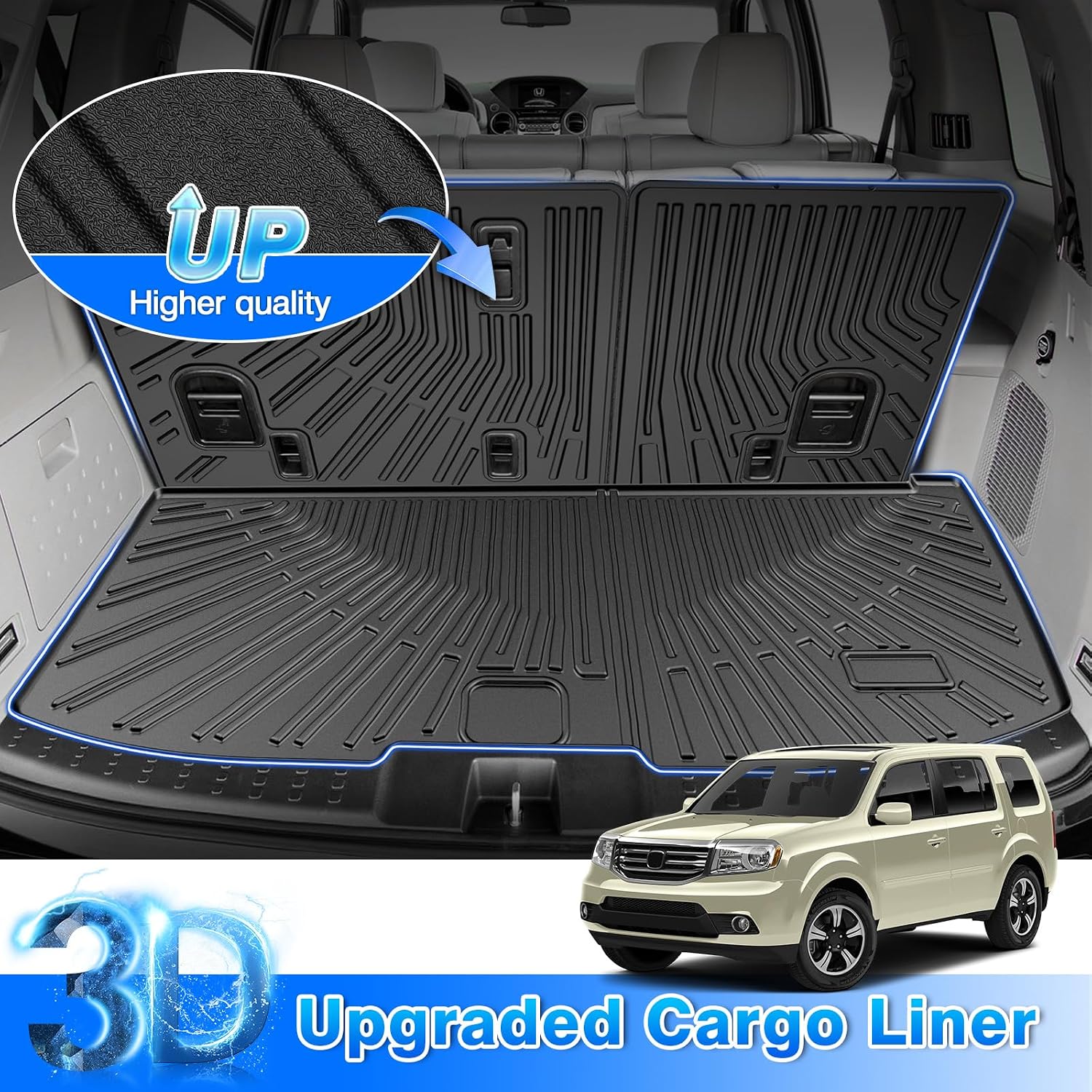 Pilot Floor Mats - Car Mats for Honda Pilot 2009-2015, All Weather Full Set Cargo Liner with Backrest Mat for Car Accessories, Heavy Duty Waterproof, Black