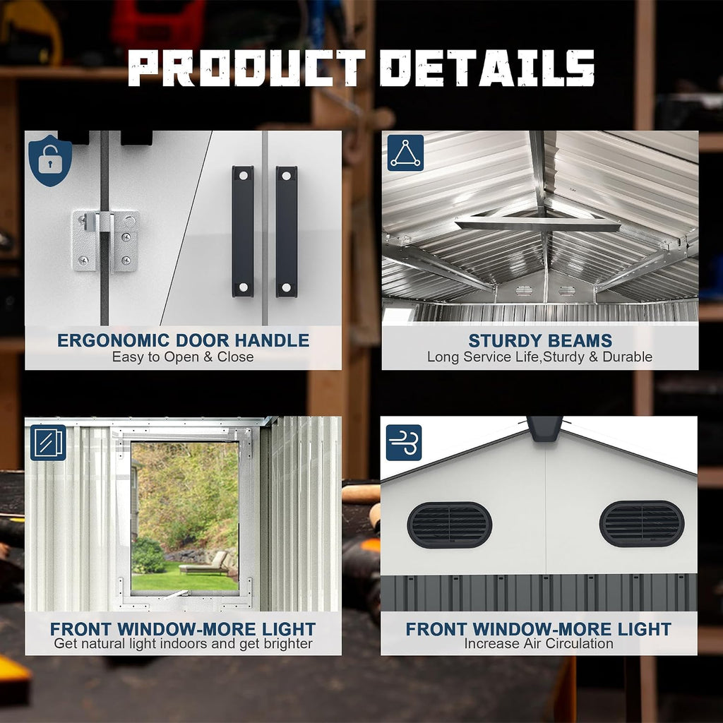 8x12 Ft Metal Outdoor Tool Storage Shed with Window, Floor Base & Air Vents, Gray