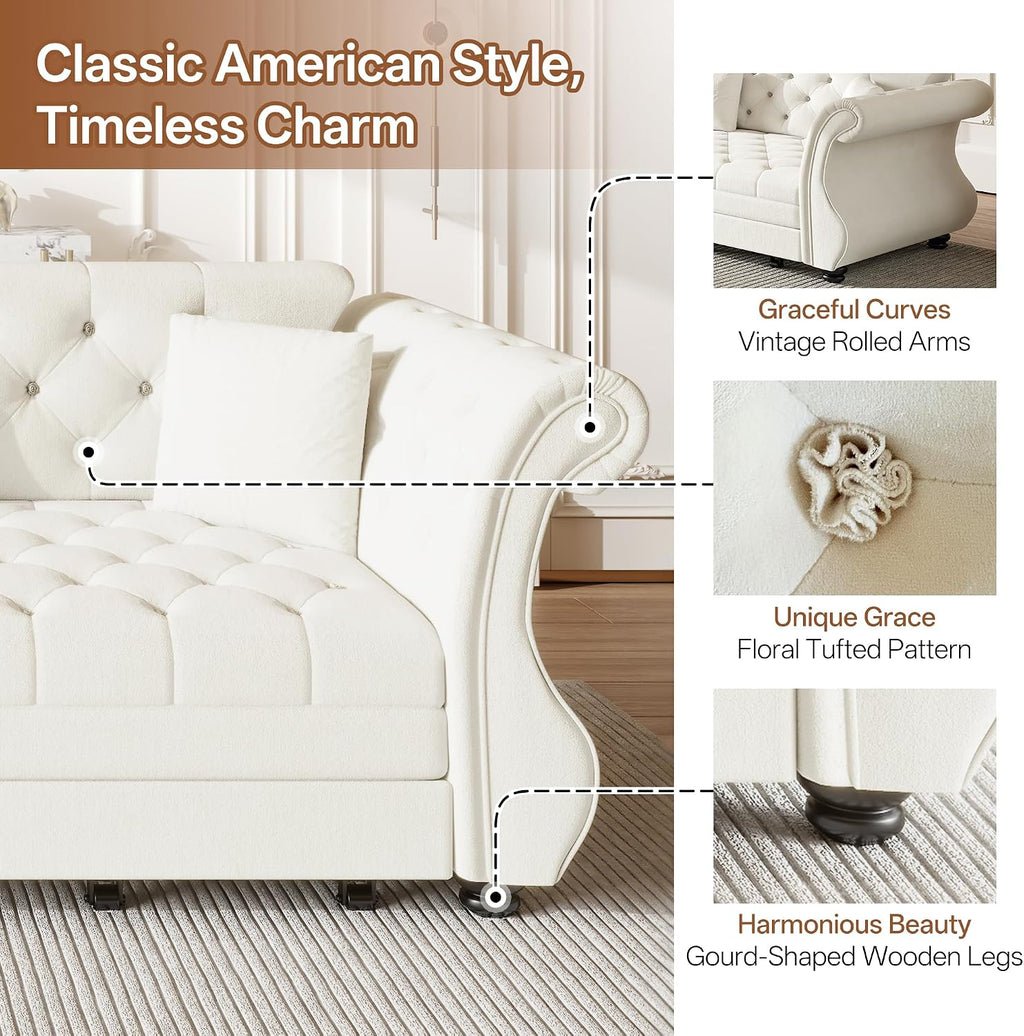 97.6' King Size Sleeper Sofa Bed, 3-in-1 Convertible Pull Out Chesterfield Sleeper Couch, Oversized Velvet Flower Button Tufted 4-Seat Sofa for Living Room Apartment, Beige White