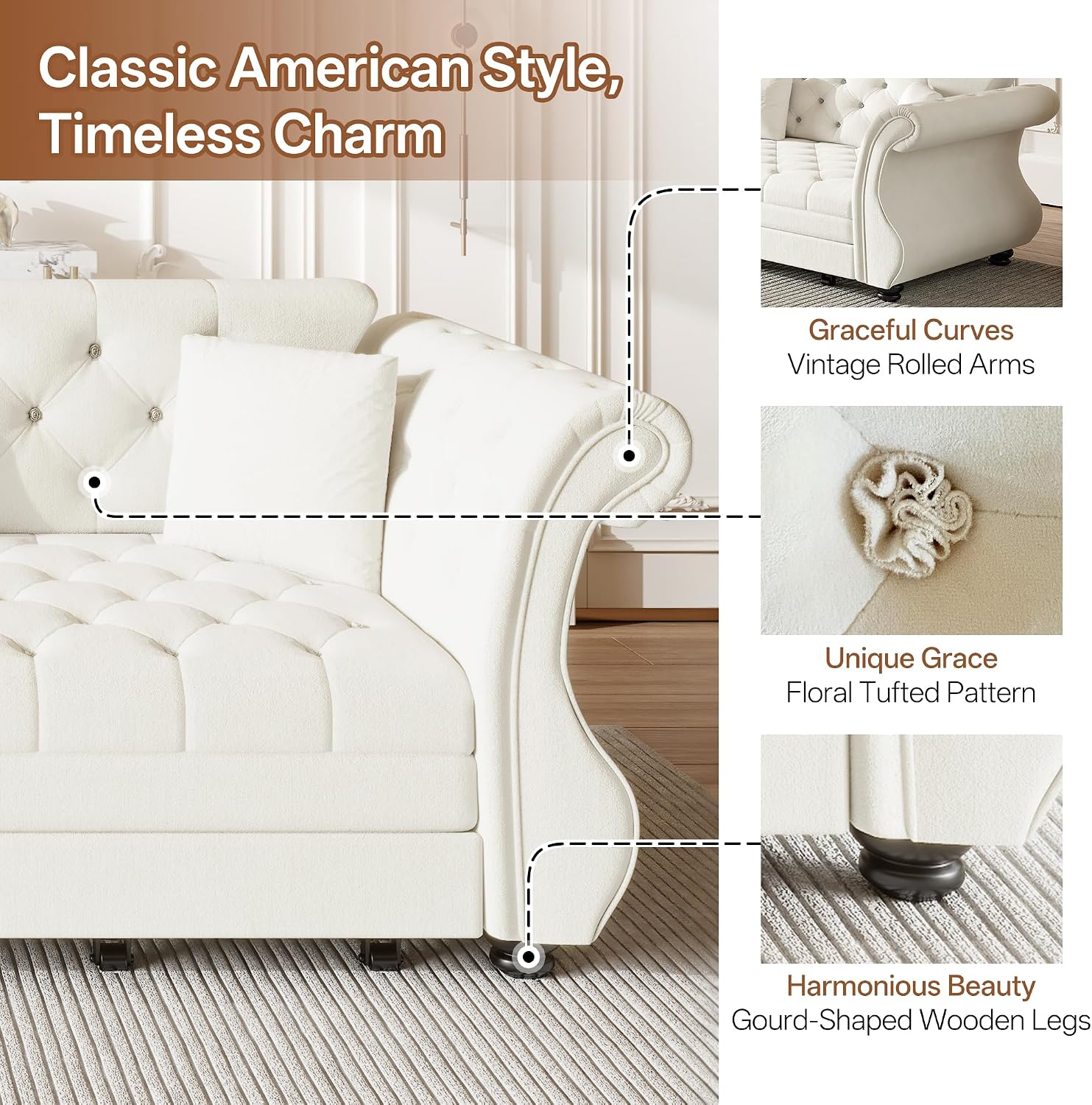 97.6' King Size Sleeper Sofa Bed, 3-in-1 Convertible Pull Out Chesterfield Sleeper Couch, Oversized Velvet Flower Button Tufted 4-Seat Sofa for Living Room Apartment, Beige White