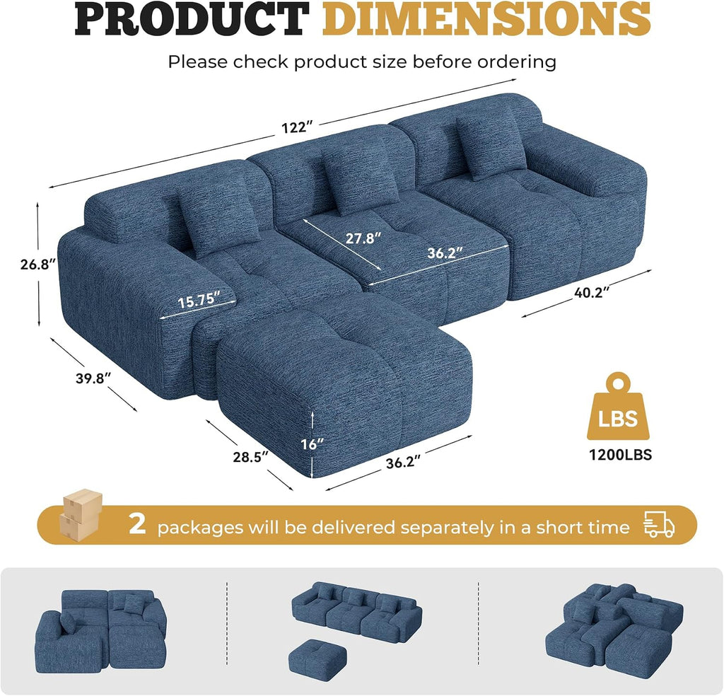 122' Modern Boneless Couches for Living Room, Convertible L Shaped Modular Sectional Sofa,4 Seater Cloud Couch Sofa Set, Blue 1 PCS
