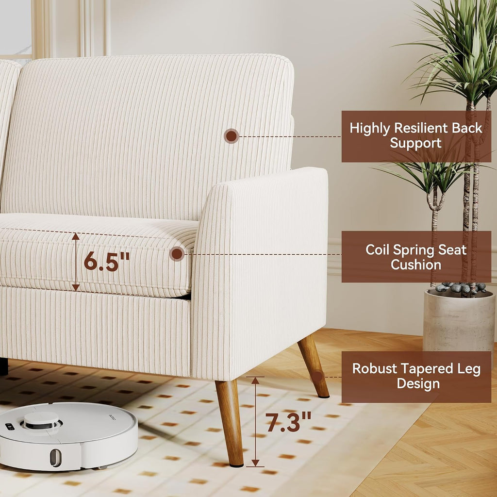 Vipbear 68' Loveseat Sofa - Cream White, Comfy Corduroy with Spring Cushion, Solid Wood Frame, Modern Deep Seat, Bedroom & Living Room, Office Small Couch