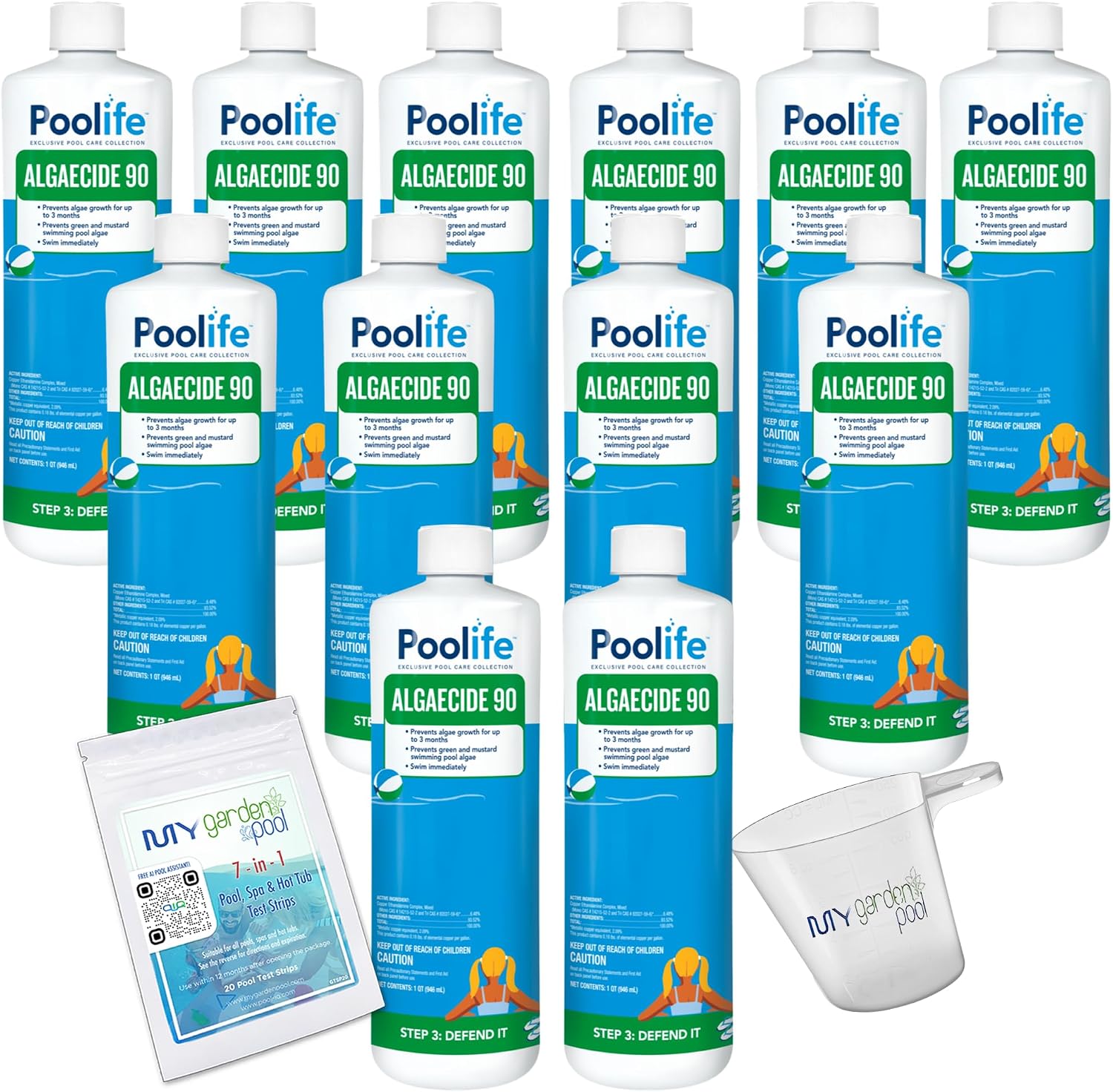 Poolife Algaecide 90 – Long-Lasting Copper Pool Algaecide for Green, Black & Mustard Algae – 90-Day Protection – Includes 7-in-1 Test Strips, Measuring Cup & Pool-IQ AI Assistant 12 Pack