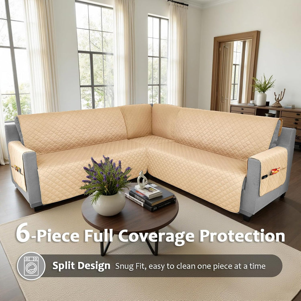 Waterproof Sectional Couch Covers L Shape Sectional Sofa Covers for Pets Washable Non-Slip 6PCS U Shaped Sofa Slipcovers Dog Couch Cover Corner Furniture Protector (XX-Large, Apricot)