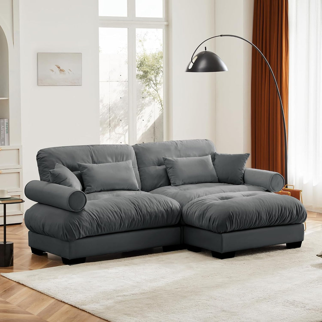 Loveseat Sofa 93.7' Modular Sectional Sofa, 2 Seater Modern Cloud L Shaped Couch, Oversized Sectional Couches for Living Room, Comfy Velvet Sofas Deep Seat Couch with 4 Pillows, Gray