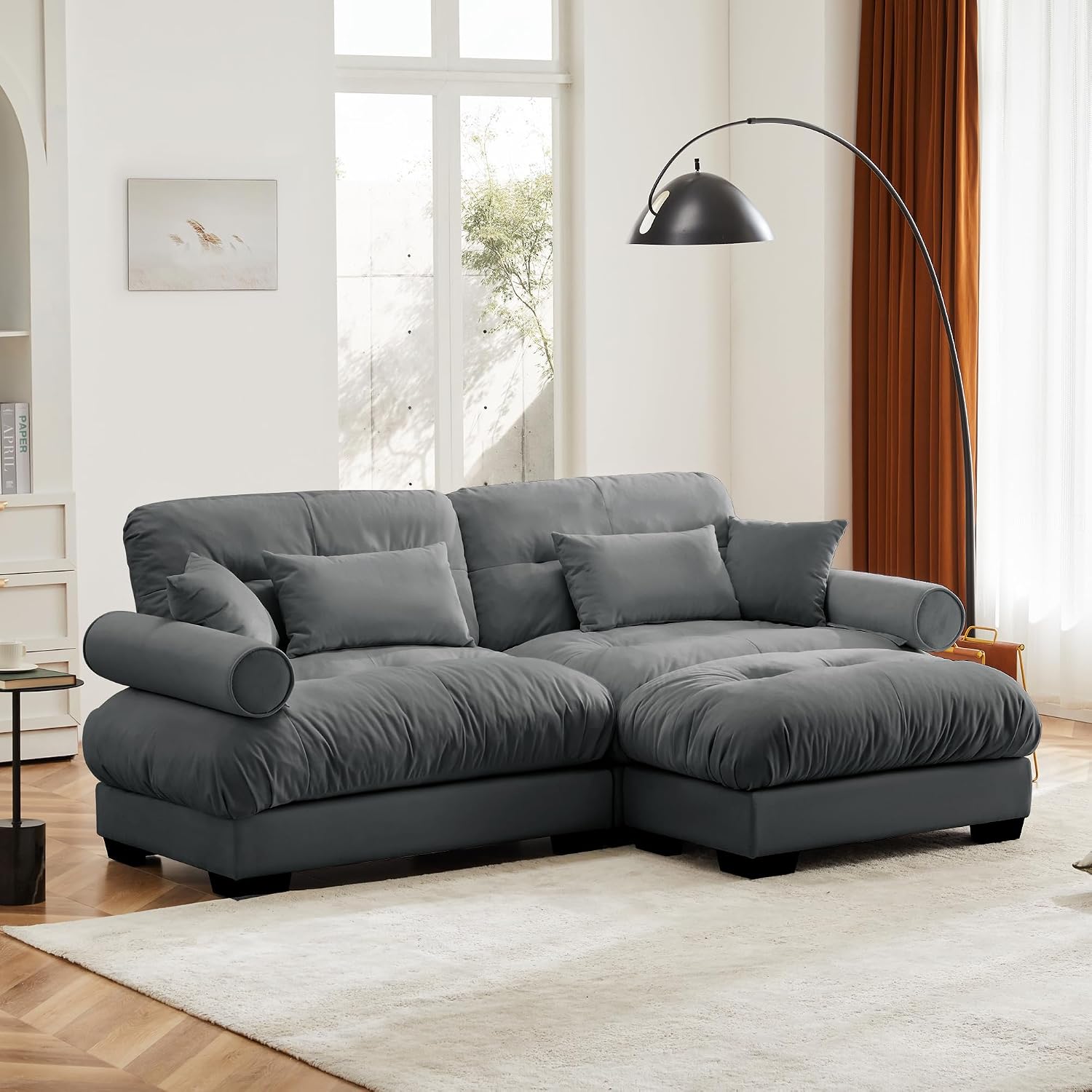 Loveseat Sofa 93.7' Modular Sectional Sofa, 2 Seater Modern Cloud L Shaped Couch, Oversized Sectional Couches for Living Room, Comfy Velvet Sofas Deep Seat Couch with 4 Pillows, Gray