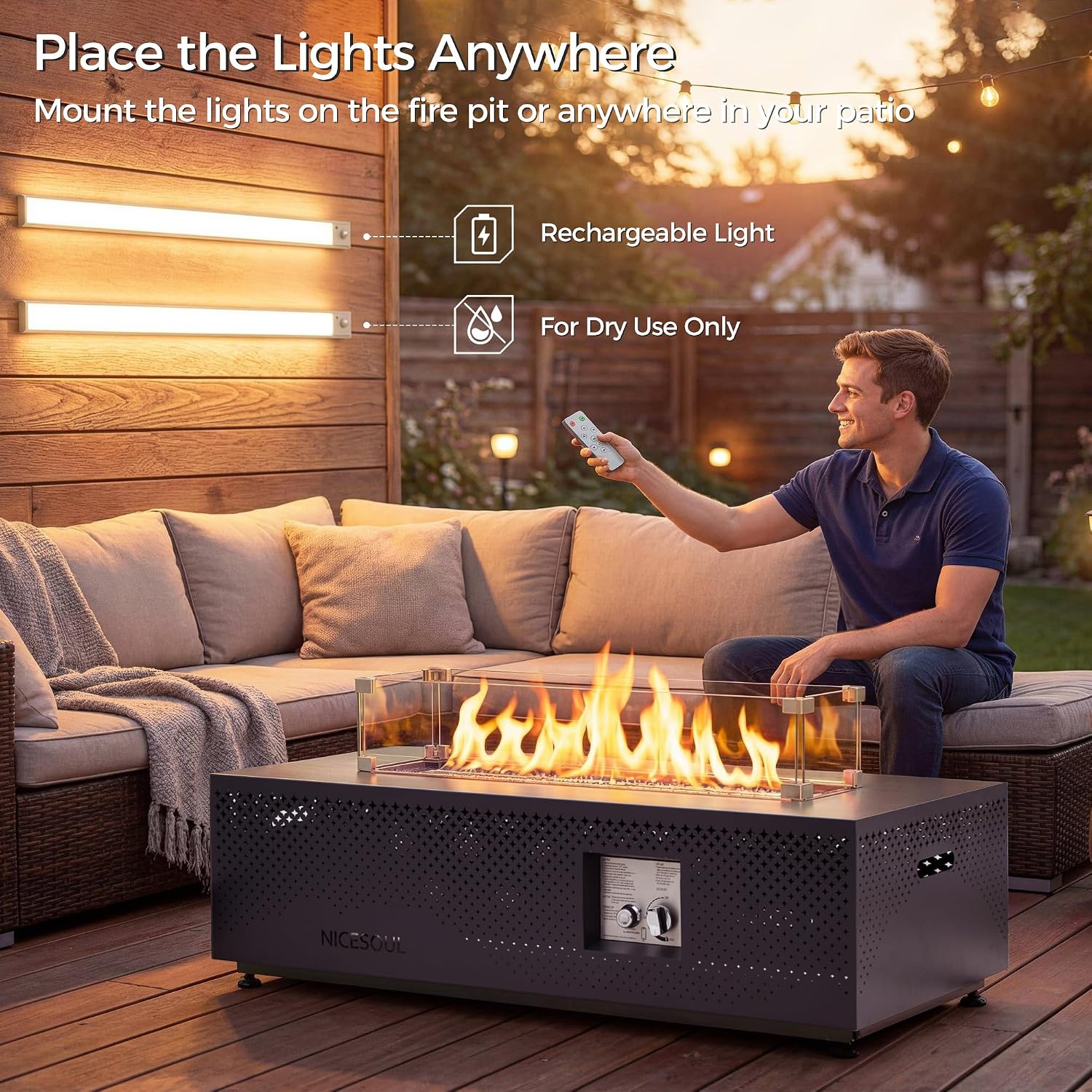 RADIATA 42' Rectangle Propane/Natural Gas Firepit for Patio, 50000BTU Outdoor Lowprofile Fireplace with Tank Table & LED Lights, Rain Cover, CSA Certified, Backyard Fire Pit for Porch Deck, Dark Gray