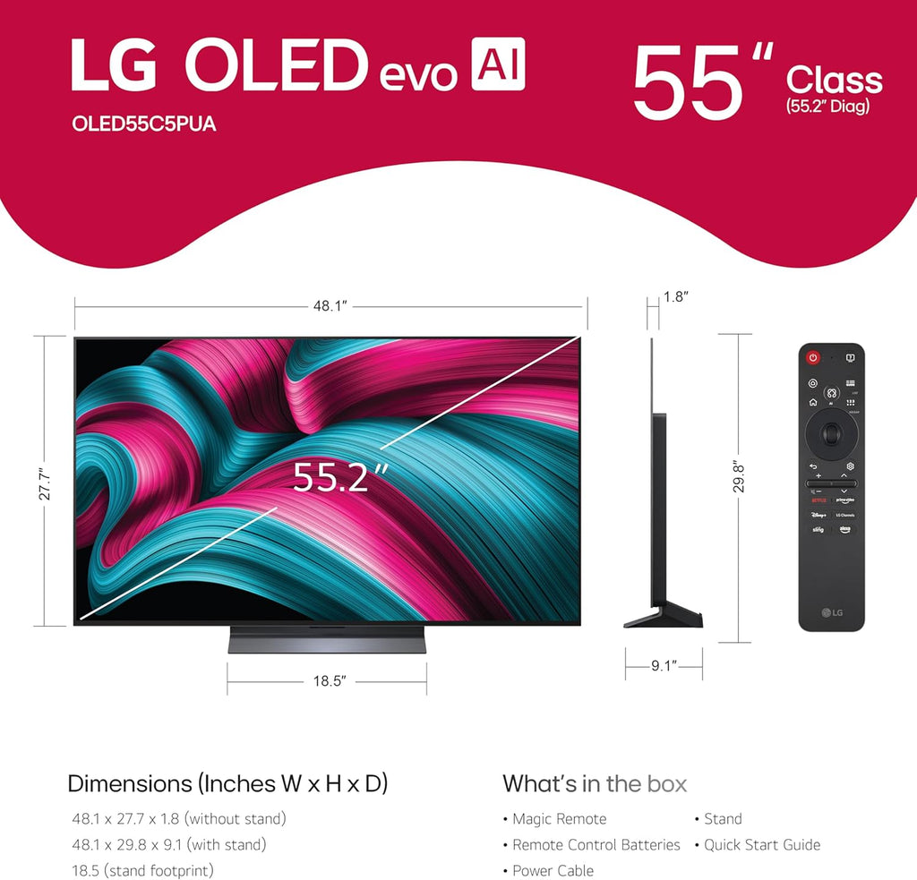 LG 55-Inch Class OLED evo AI 4K C5 Series Smart TV w/Dolby Atmos, Dolby Vision, HDR10, AI Super Upscaling 4K, Filmmaker Mode, Wow Orchestra, Alexa Built-in (OLED55C5PUA, 2025) (Renewed)