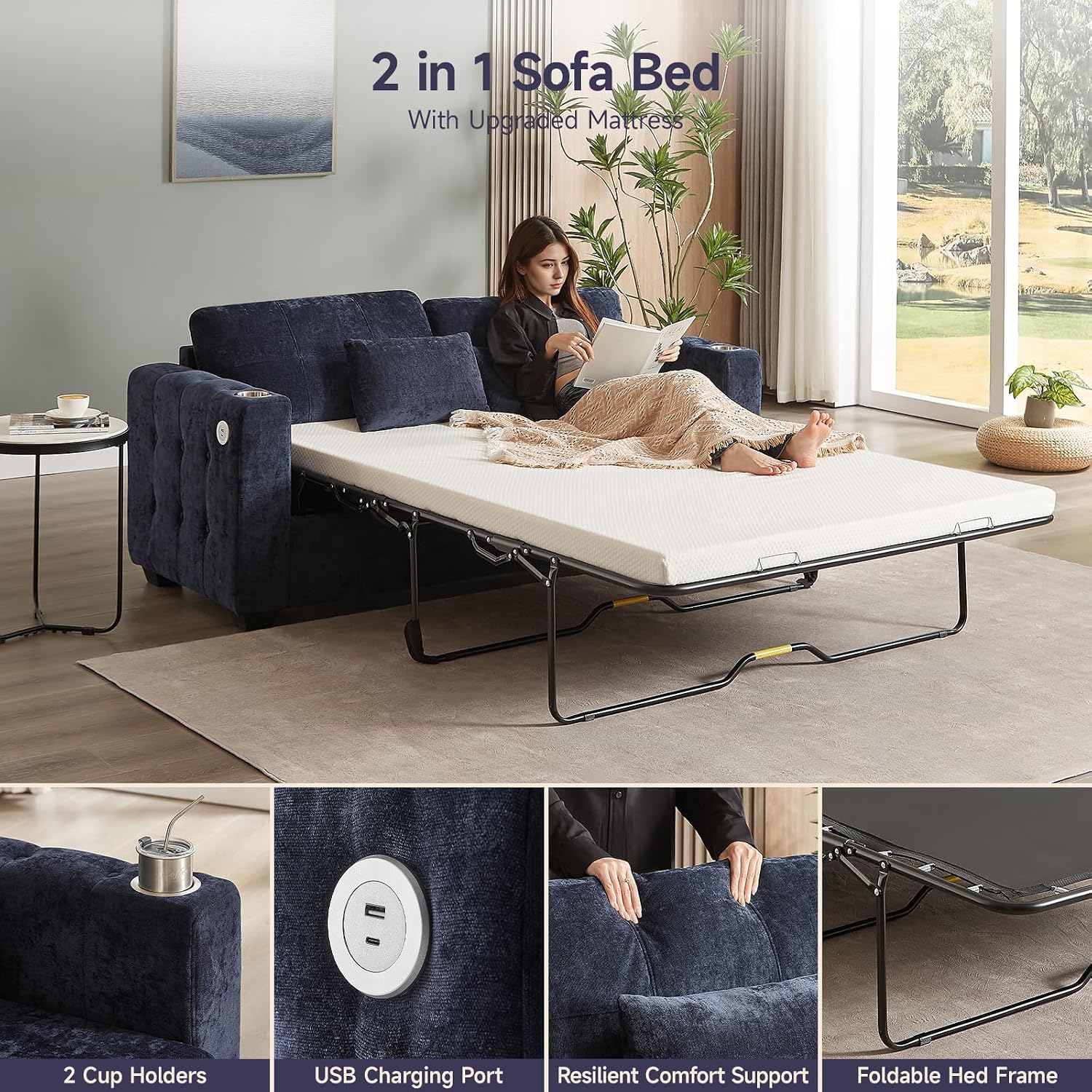 ONBRILL Pull Out Sofa Bed, Chenille Full Size Sleeper Sofa Bed with Cup Holder and USB Port, 76 inch Couch Bed with Memory Foam, Button Tufting Loveseat Couch for Living Room, Blue