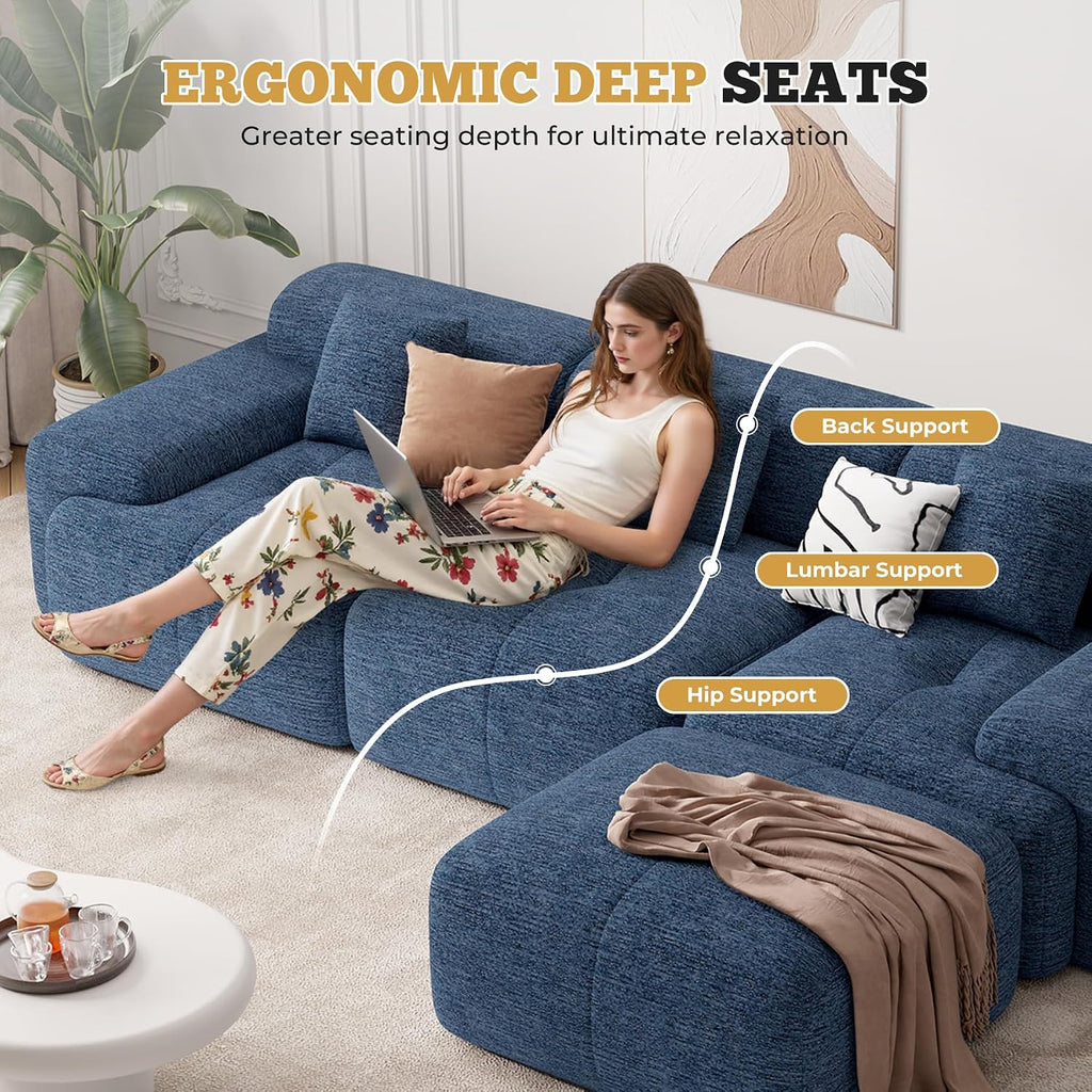 122' Modern Boneless Couches for Living Room, Convertible L Shaped Modular Sectional Sofa,4 Seater Cloud Couch Sofa Set, Blue 1 PCS