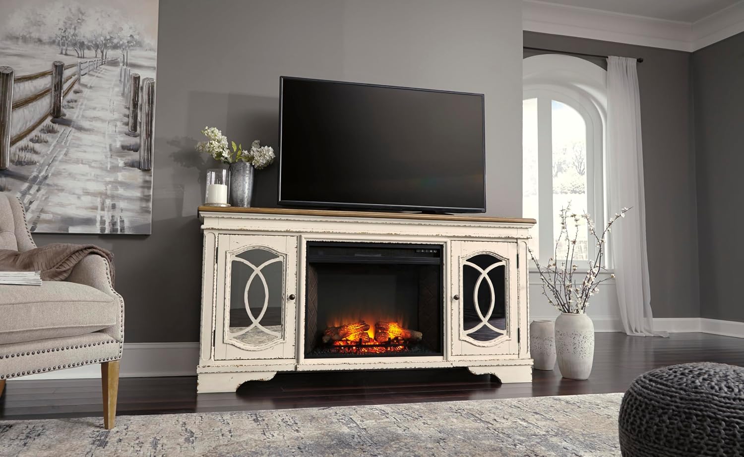 Signature Design by Ashley Realyn Vintage Casual TV Stand with Electric Fireplace, Heats Larger Rooms, Bronze Hardware, Wood, 74' Wide, White & Brown