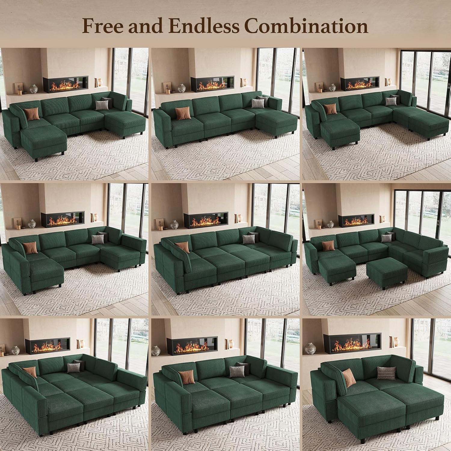 Belffin 9 Seats Corduroy Modular Sectional Sofa, Comfy Upholstered Sectional Couches for Living Room,Green