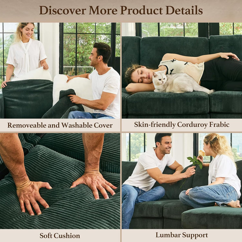 Belffin 9 Seats Corduroy Modular Sectional Sofa, Comfy Upholstered Sectional Couches for Living Room,Green