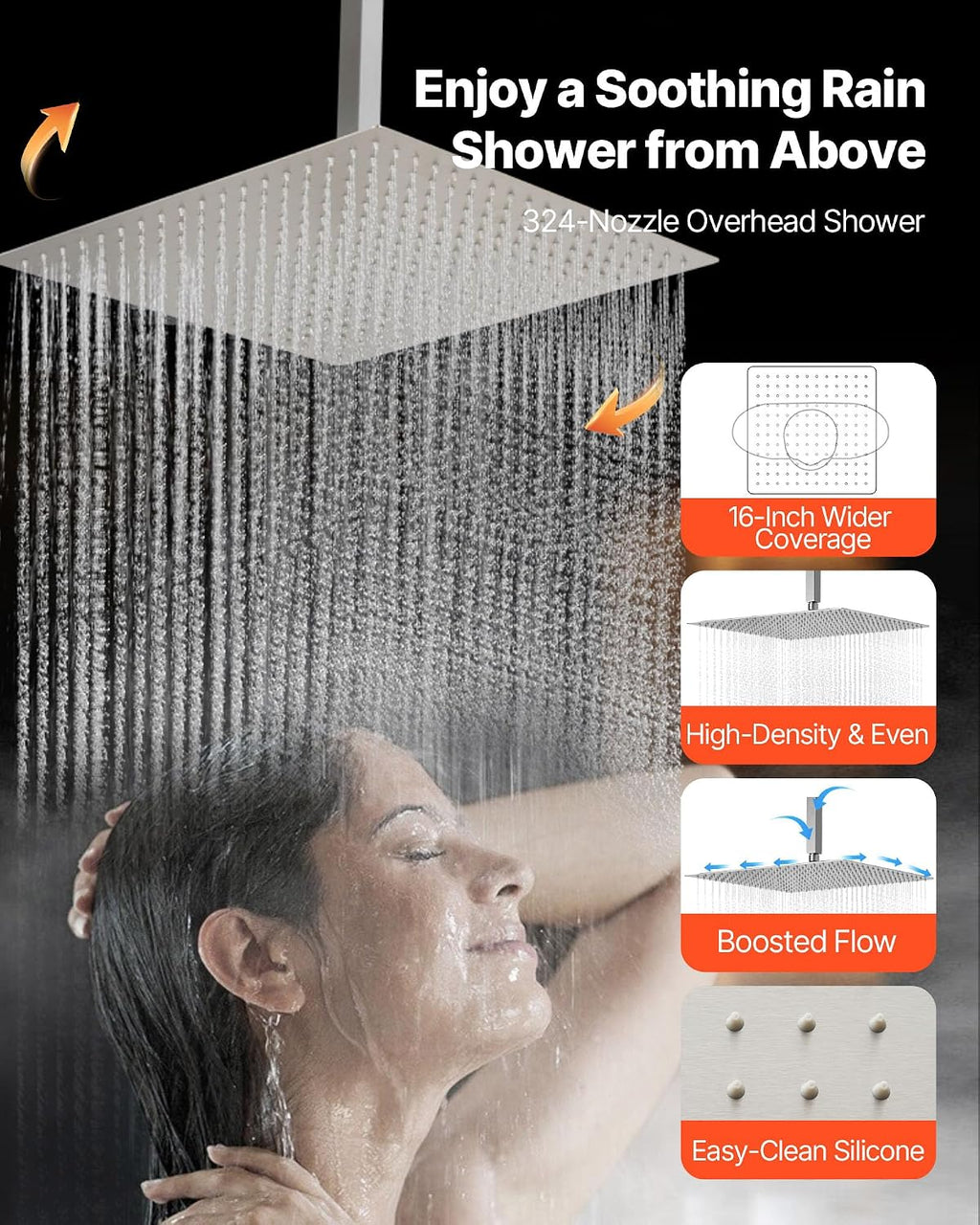 VEVOR Shower Faucet Set, 16 Inch Thermostatic Ceiling Mount Rainfall Shower System with 6 Inch Wall Mount Head, 6 Body Jets and Handheld Spray, Dual Rain Head Brass Valve and Trim Kit, Brushed Nickel