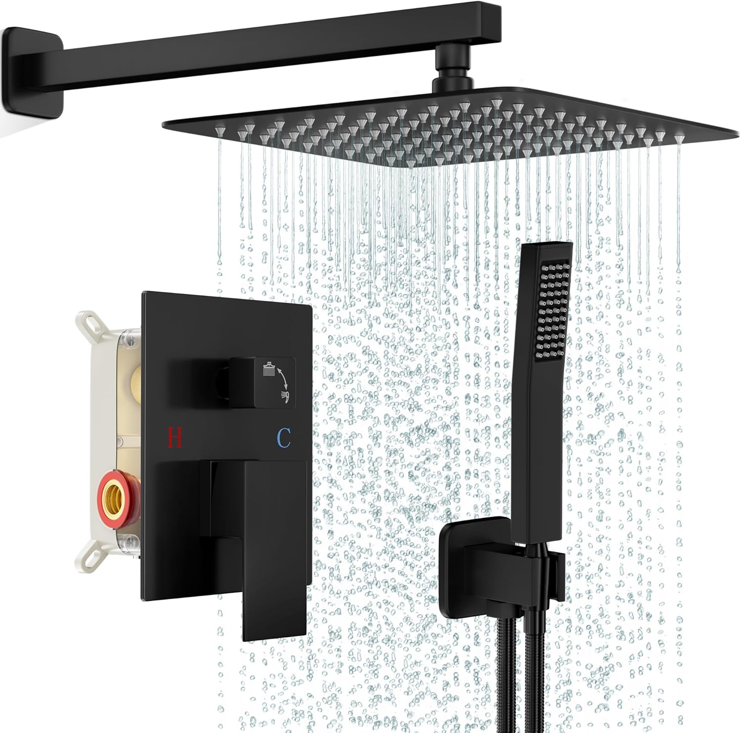 FPXRNG Black Shower Faucet Set, Rainfall Shower System with Square Shower Head and Handle Set, Wall Mounted Shower Fixtures, Full Metal Trim Repair Kit 12 inch Matte Black (With Shower Valve)