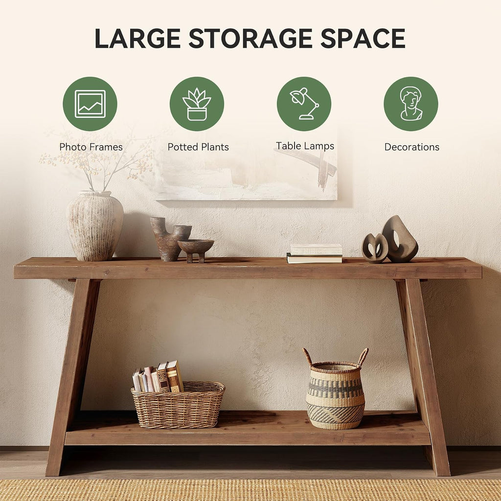70.9'' Solid Wood Console Table, Narrow Long Sofa Table Behind Couch with 2-Tier Storage, Farmhouse Entryway Table for Living Room, Hallway, Foyer, Brown