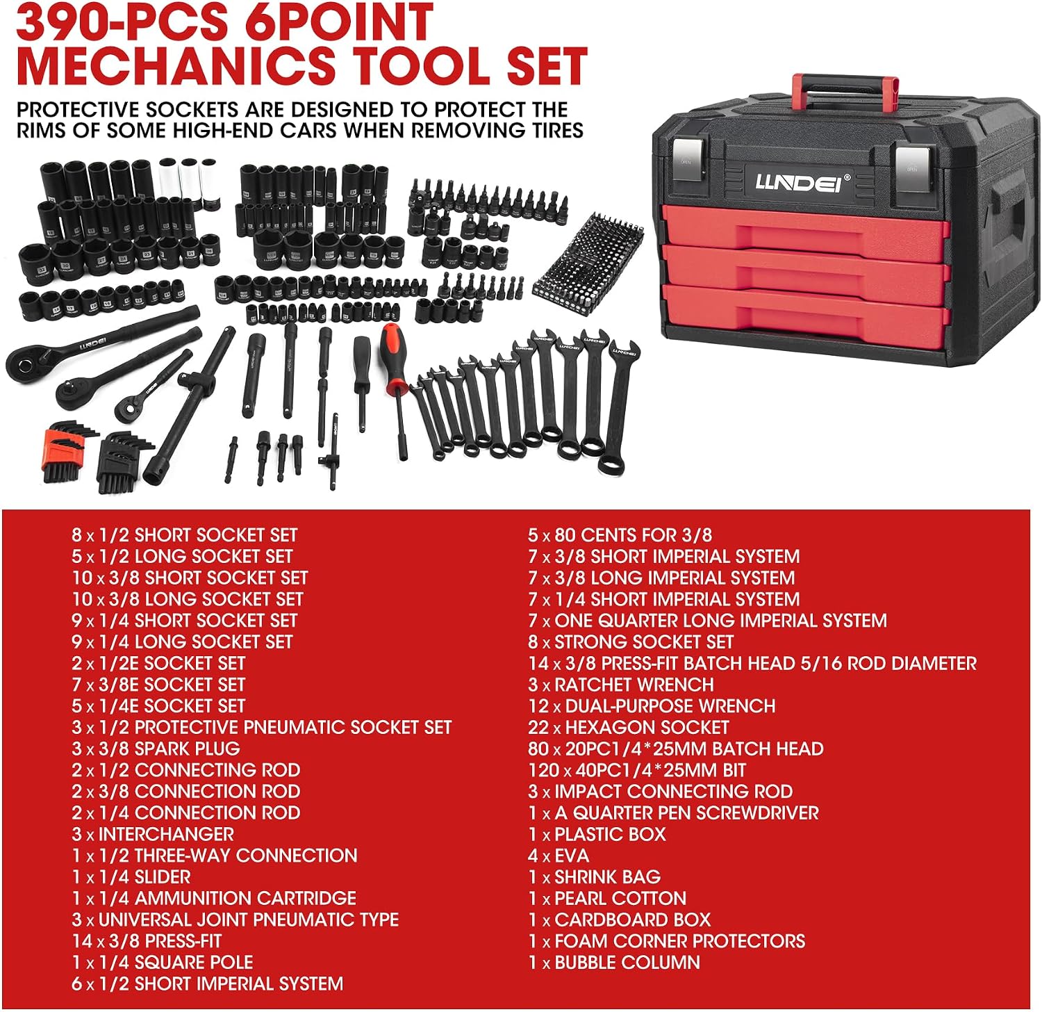 LLNDEI Mechanics Tool Set and Socket Set, 1/4' 3/8' 1/2' Drive Deep and Standard Sockets 12 Point, 390 Pcs SAE and Metric Mechanic Tool Kit with Bits, Combination Wrench