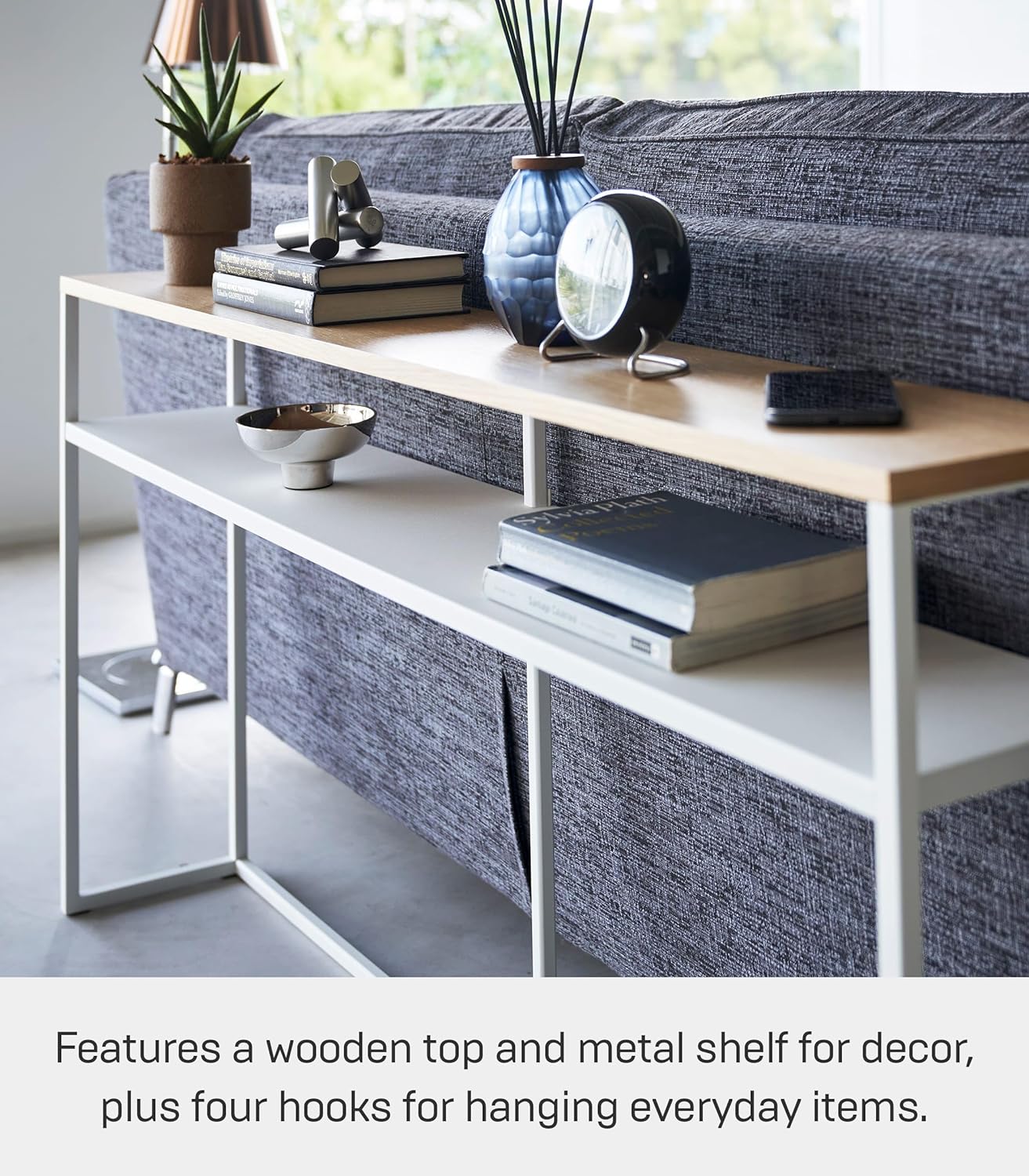 YAMAZAKI Home Tower Long Console Table for Entryway Or Hallways, Narrow Behnd Sofa Table with Wooden Top