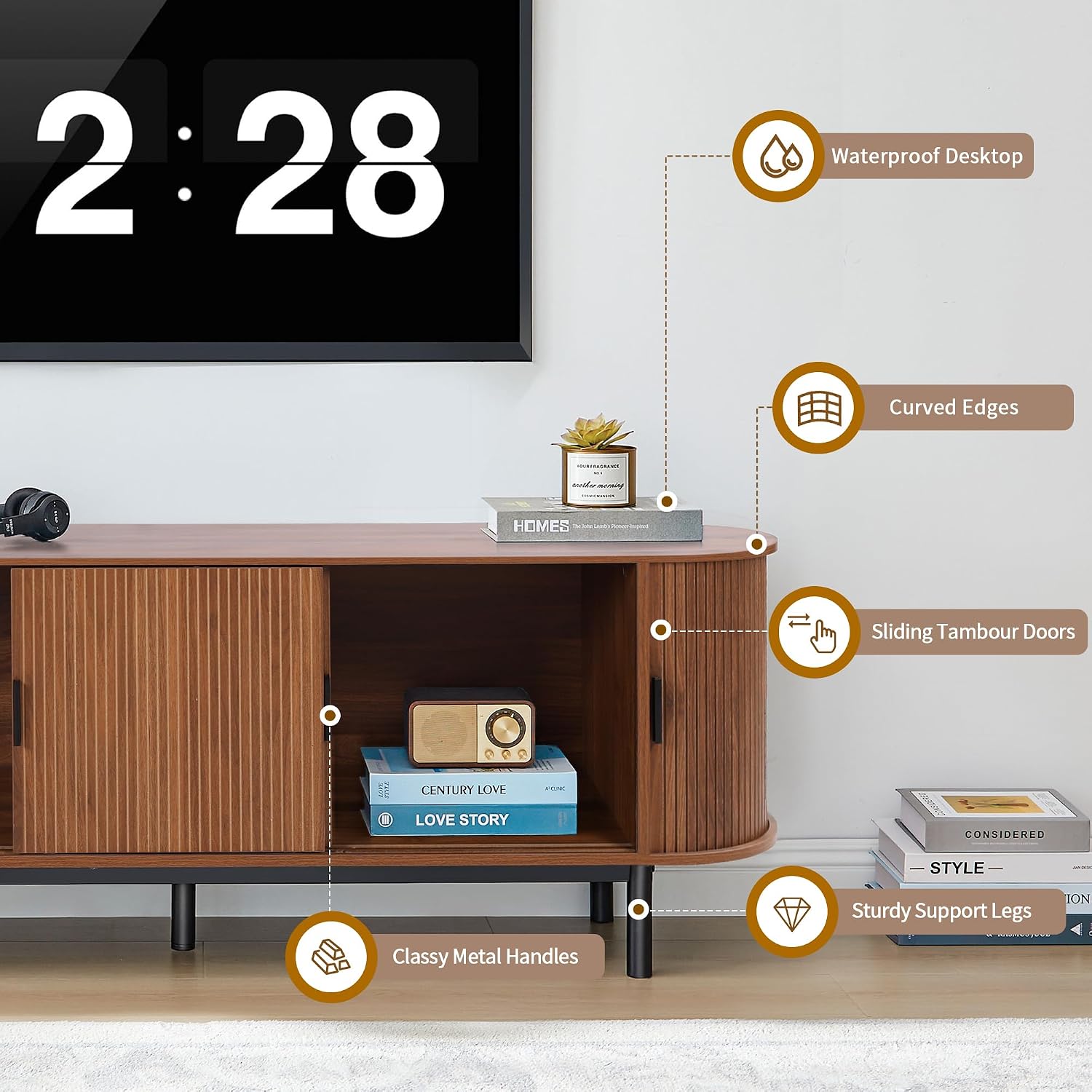Janmer Home 63' Fluted TV Stand for 65/70 Inch, Mid Century Modern Console With Sliding Doors, Curved Gaming Entertainment Center, Media Console for Living Room, Bedroom (Walnut, 63inch-4doors)