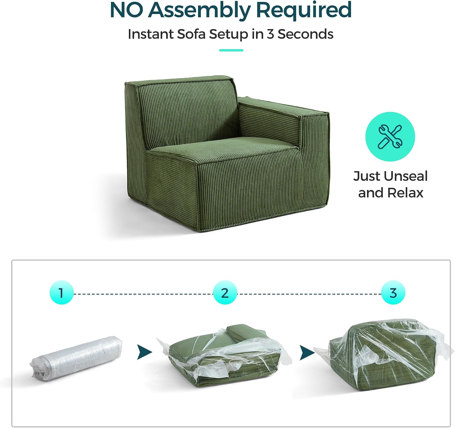 LINSY HOME Modular Sectional Sofa, 105' Boneless Couch U Shaped 3-Seat Sofa with 2 Ottomans, Corduroy Sectional Cloud Couches for Living Room, No Assembly Required, Green