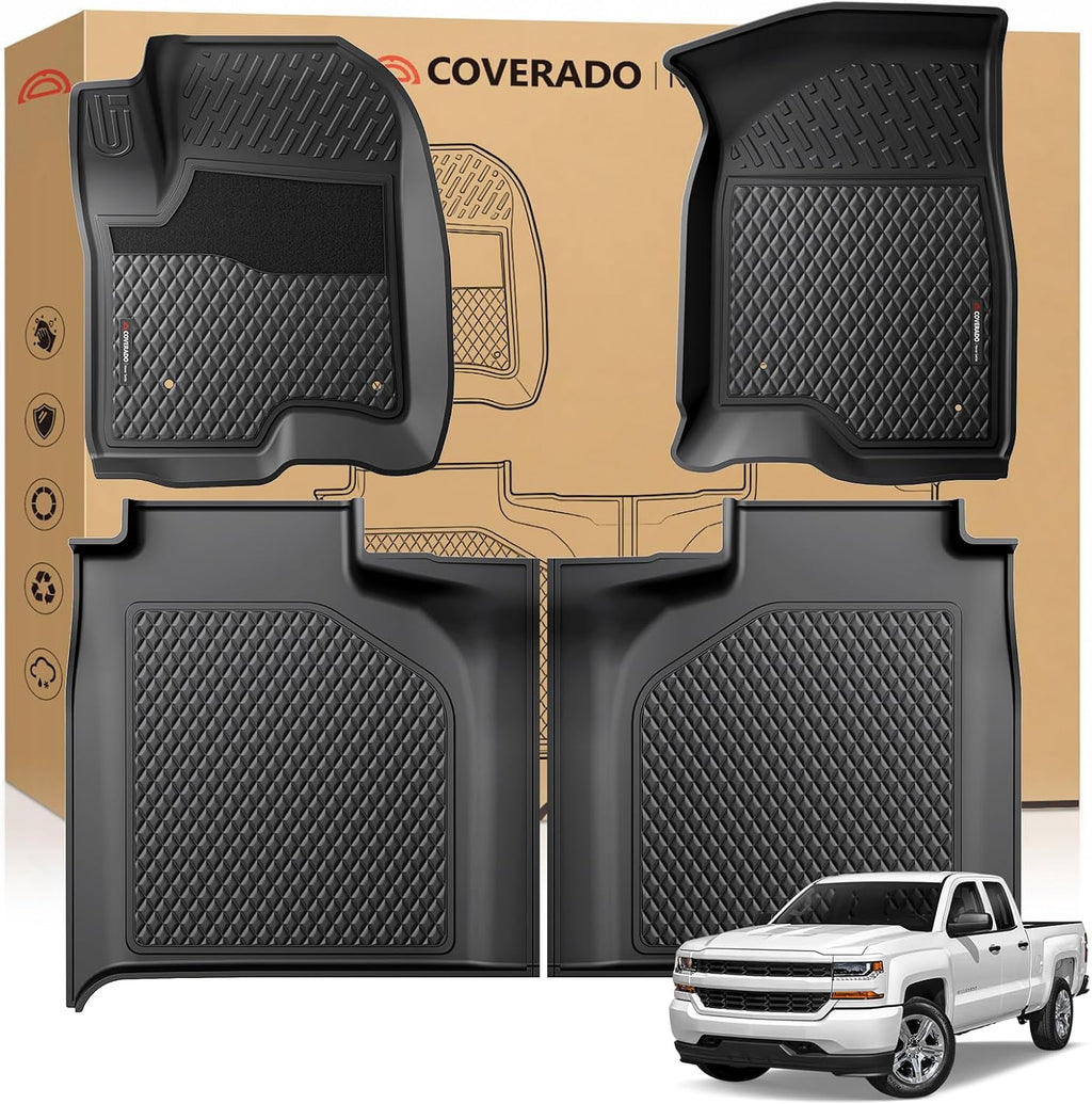 Coverado TPE Floor Mats for 2019-2024 Silverado 1500/Sierra Crew Cab, Driver Dual-Layer Anti-Slip&Split Rear Row, 1st&2nd Row Bucket Seat w/Rear Storage, All-Weather Liners, Not Fit LD/Bench/Regular