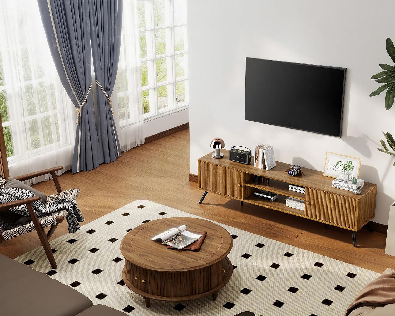 COMHOMA TV Stand for Living Room, Mid Century Modern Entertainment Center for 65/70/75 Inch TVs, Retro Brown TV Console with Fluted Door Cabinets and Open Adjustable Shelve Storage for Bedroom