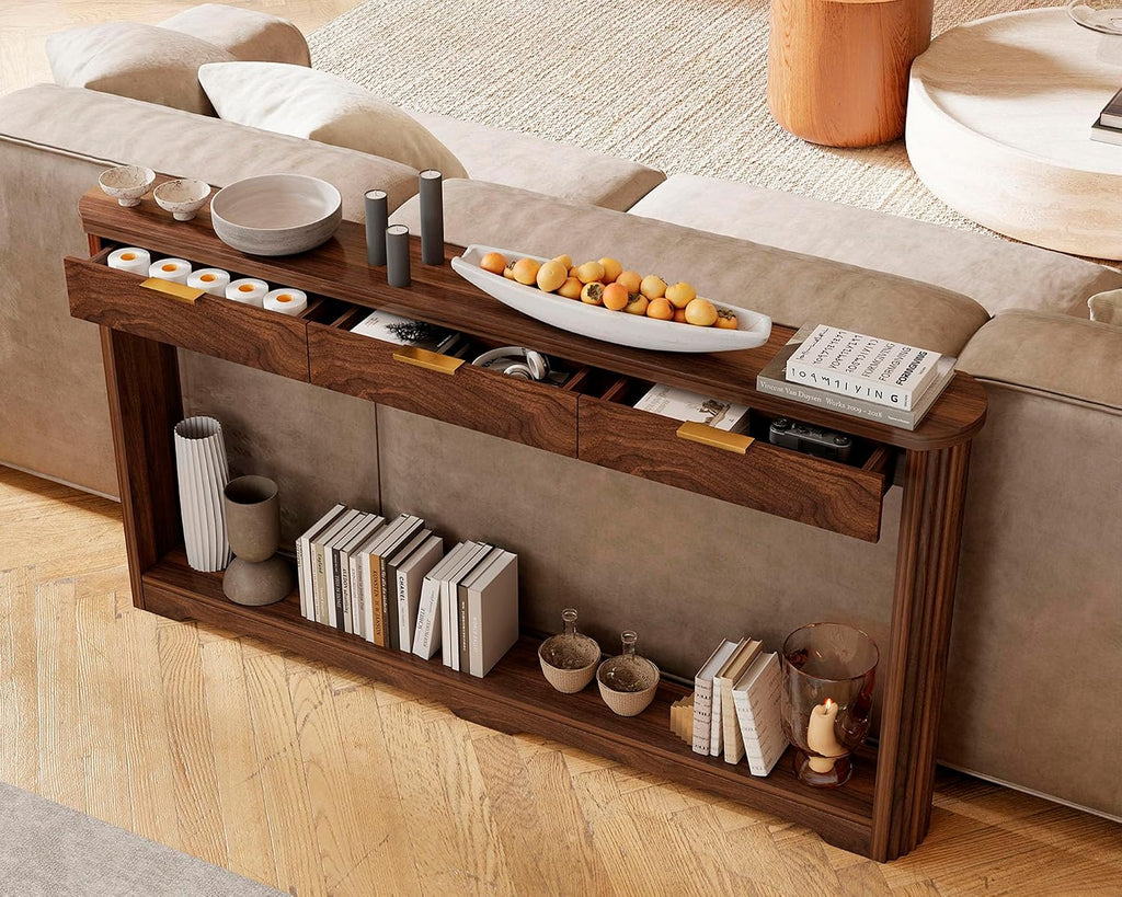 Rovibek Entryway Table with Drawers, 70 Inch Fluted Walnut Console Table with Storage, Narrow Sofa Tables Behind the Couch, Entry Tables for Living Room, Hallway, Entrance, Foyer
