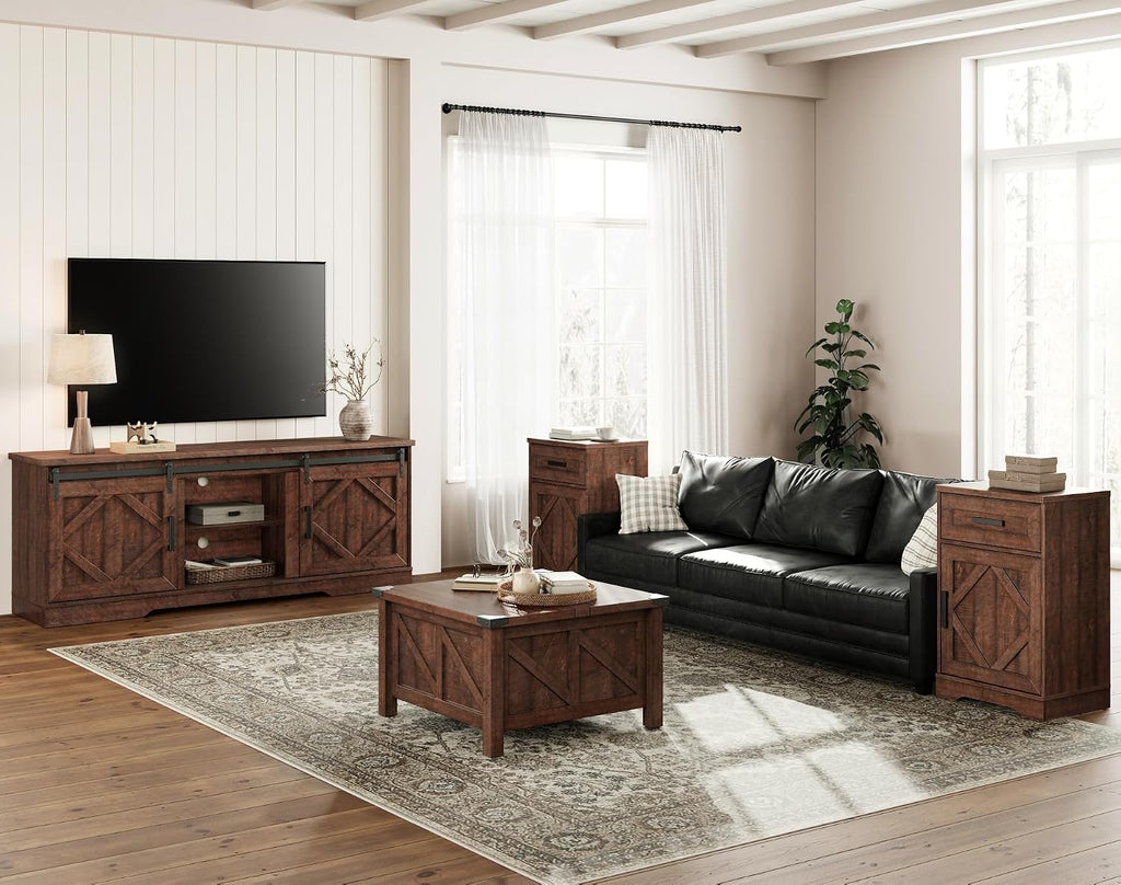 WAMPAT Modern Farmhouse TV Stand for TVs up to 75' with Sliding Barn Doors, 25.6' H Wood Entertainment Center with Adjustable Media Storage Shelf for Living Room, Dark Walnut Brown