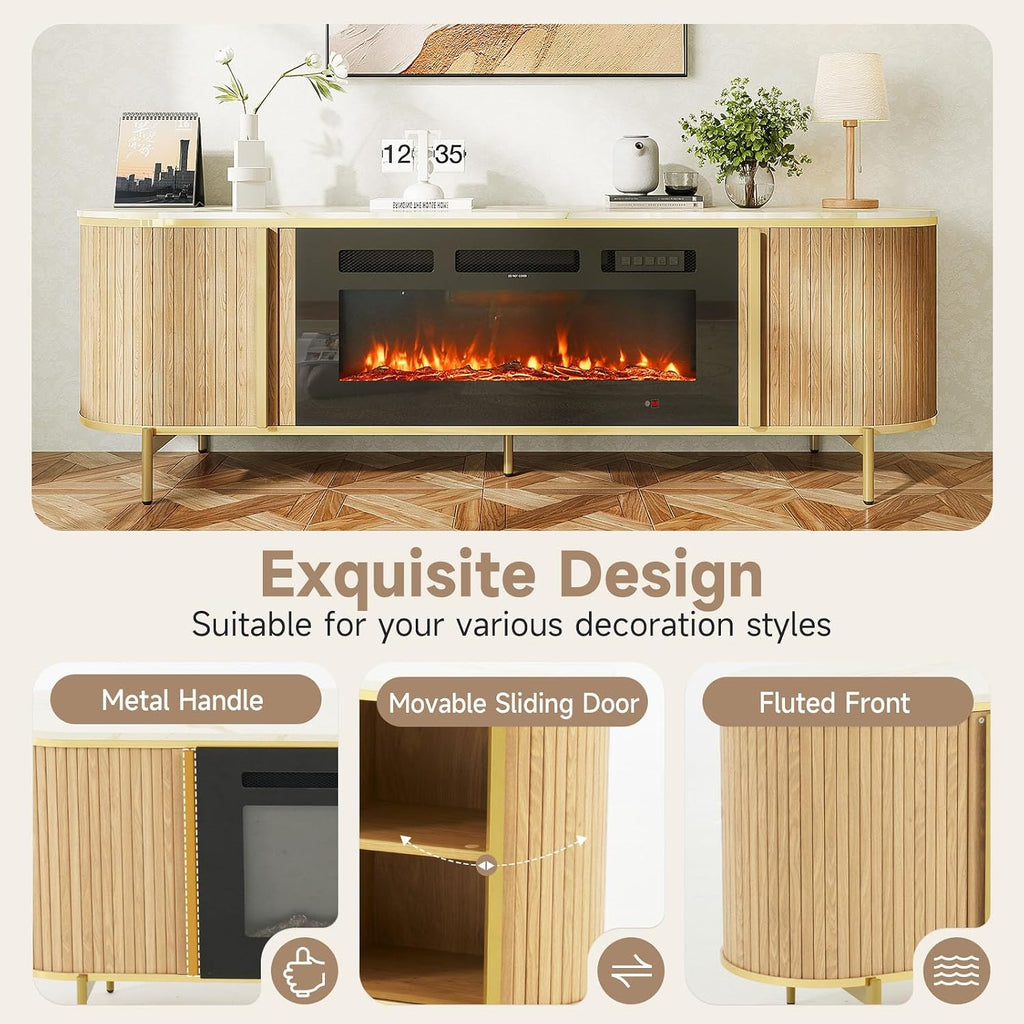 Luxury 70' Fluted TV Stand with Fireplace, Modern Chic Entertainment Center for TVs Up to 80', TV Console for Living Room, Media Cabinet with Storage,70 Inch, Natural