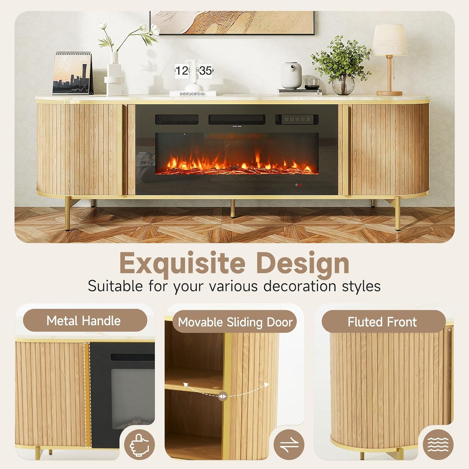 Luxury 70' Fluted TV Stand with Fireplace, Modern Chic Entertainment Center for TVs Up to 80', TV Console for Living Room, Media Cabinet with Storage,70 Inch, Natural