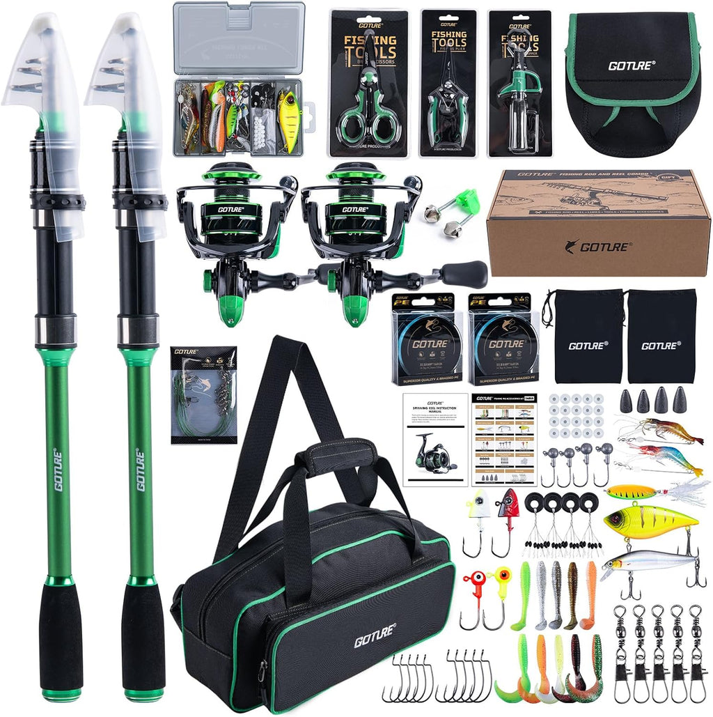 Goture Fishing Poles and Reels Combo - Green Telescoping Fishing Rod Portable Travel Kit with Carrier Bag for Freshwater Saltwater