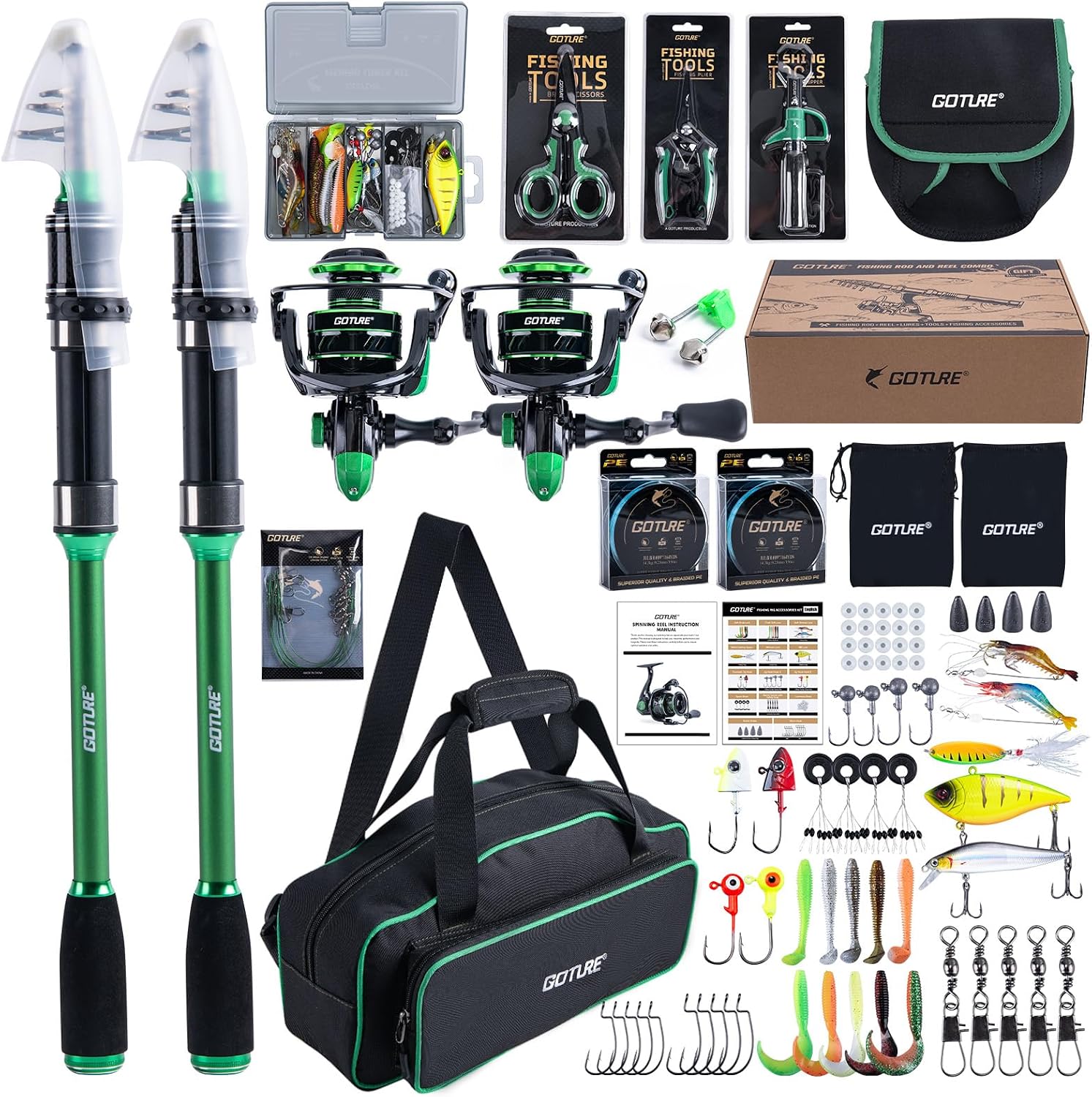 Goture Fishing Poles and Reels Combo - Green Telescoping Fishing Rod Portable Travel Kit with Carrier Bag for Freshwater Saltwater