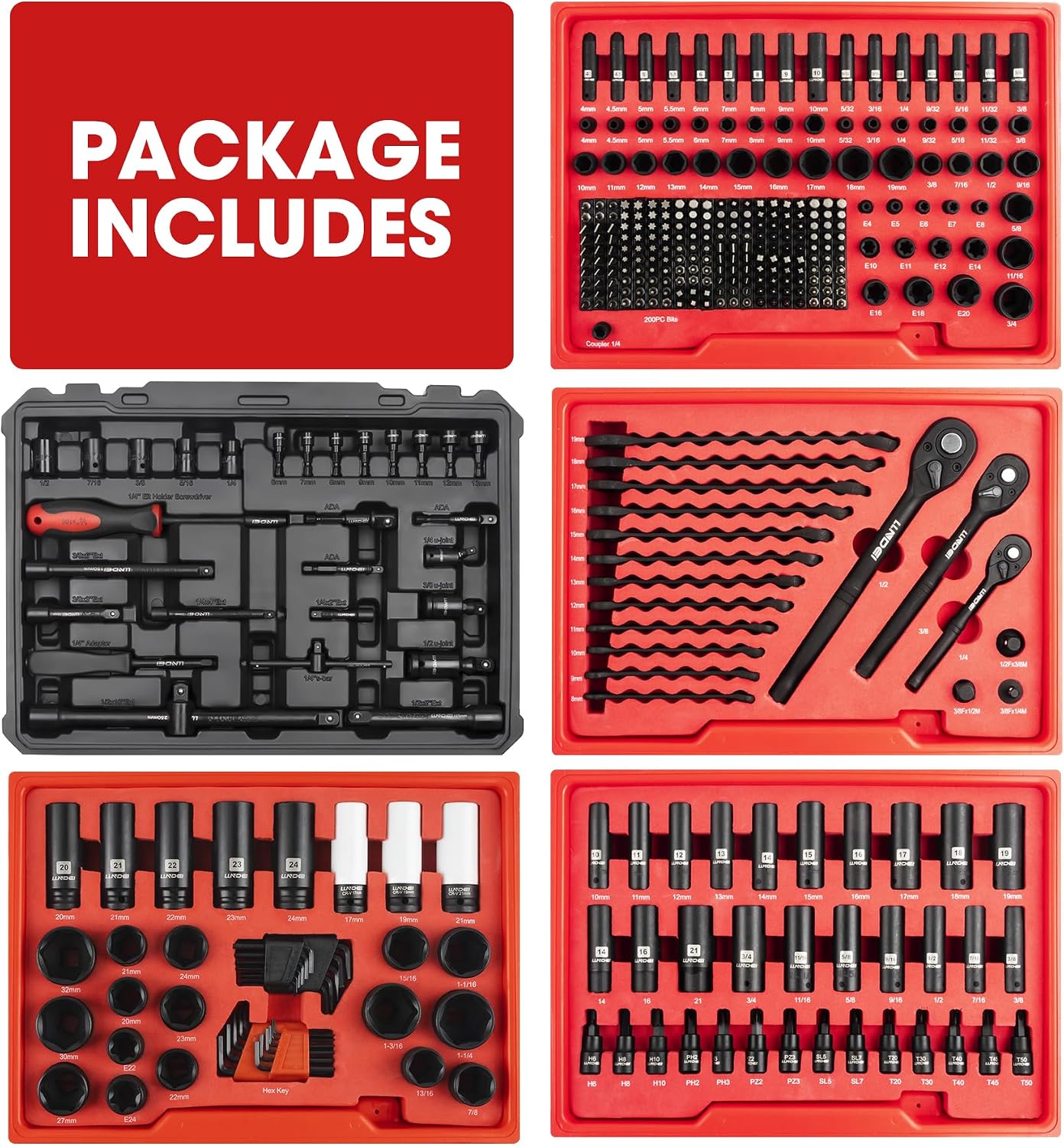 LLNDEI Mechanics Tool Set and Socket Set, 1/4' 3/8' 1/2' Drive Deep and Standard Sockets 12 Point, 390 Pcs SAE and Metric Mechanic Tool Kit with Bits, Combination Wrench