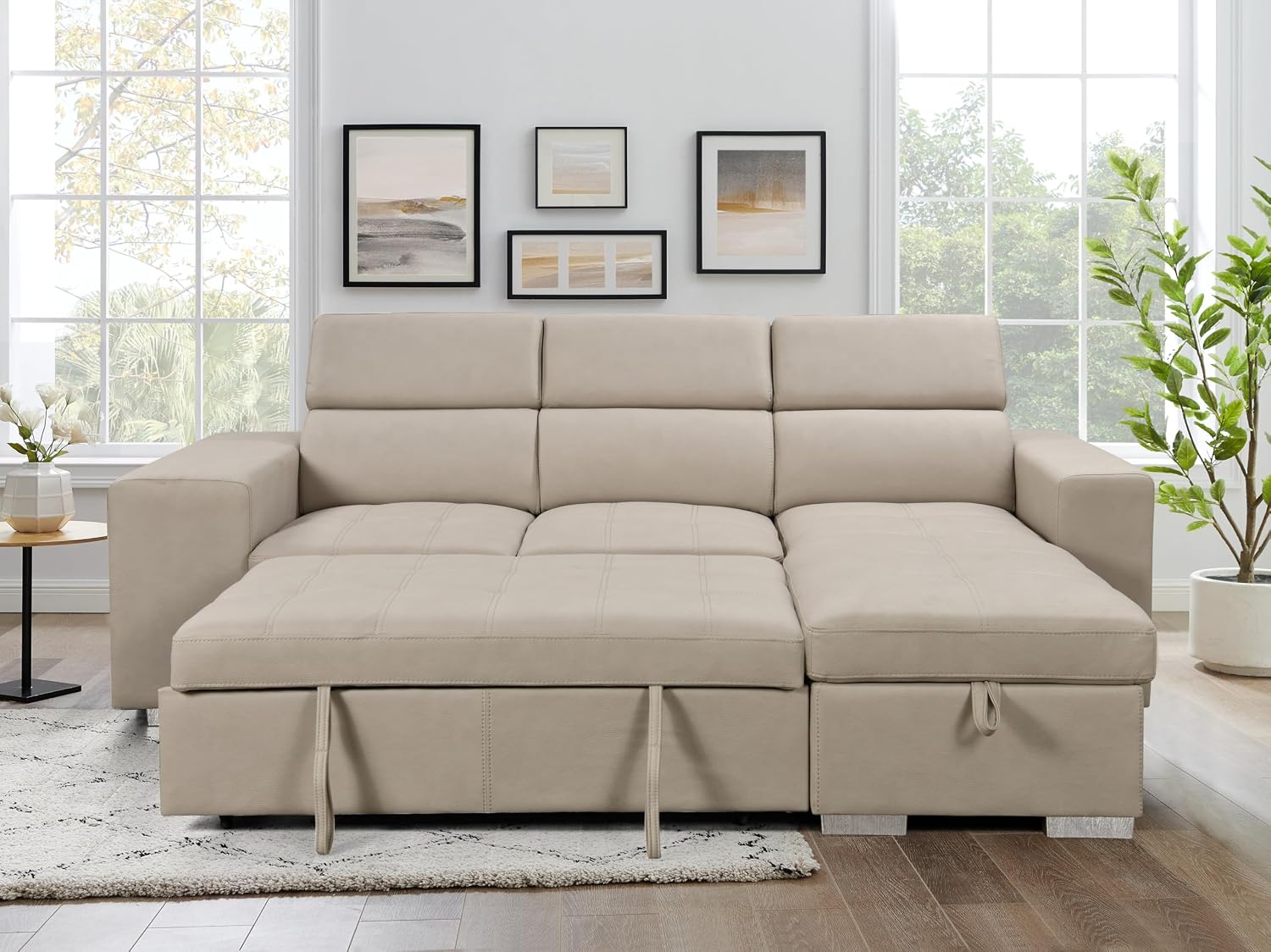 THSUPER 102'' Microfiber L Shaped Sectional Sleeper Sofa Couch with Pullout Bed and Storage Chaise, Convertible Couches with Adjustable Headrest for Living Room, Reversible Chaise. Beige